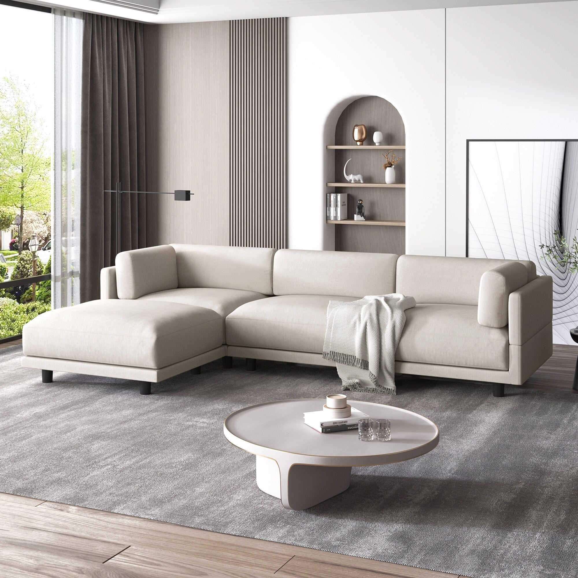 Canapé sectionnel en L en polyester 102,4 avec repose-pieds réversible, coussins épais et pieds en plastique résistants 18