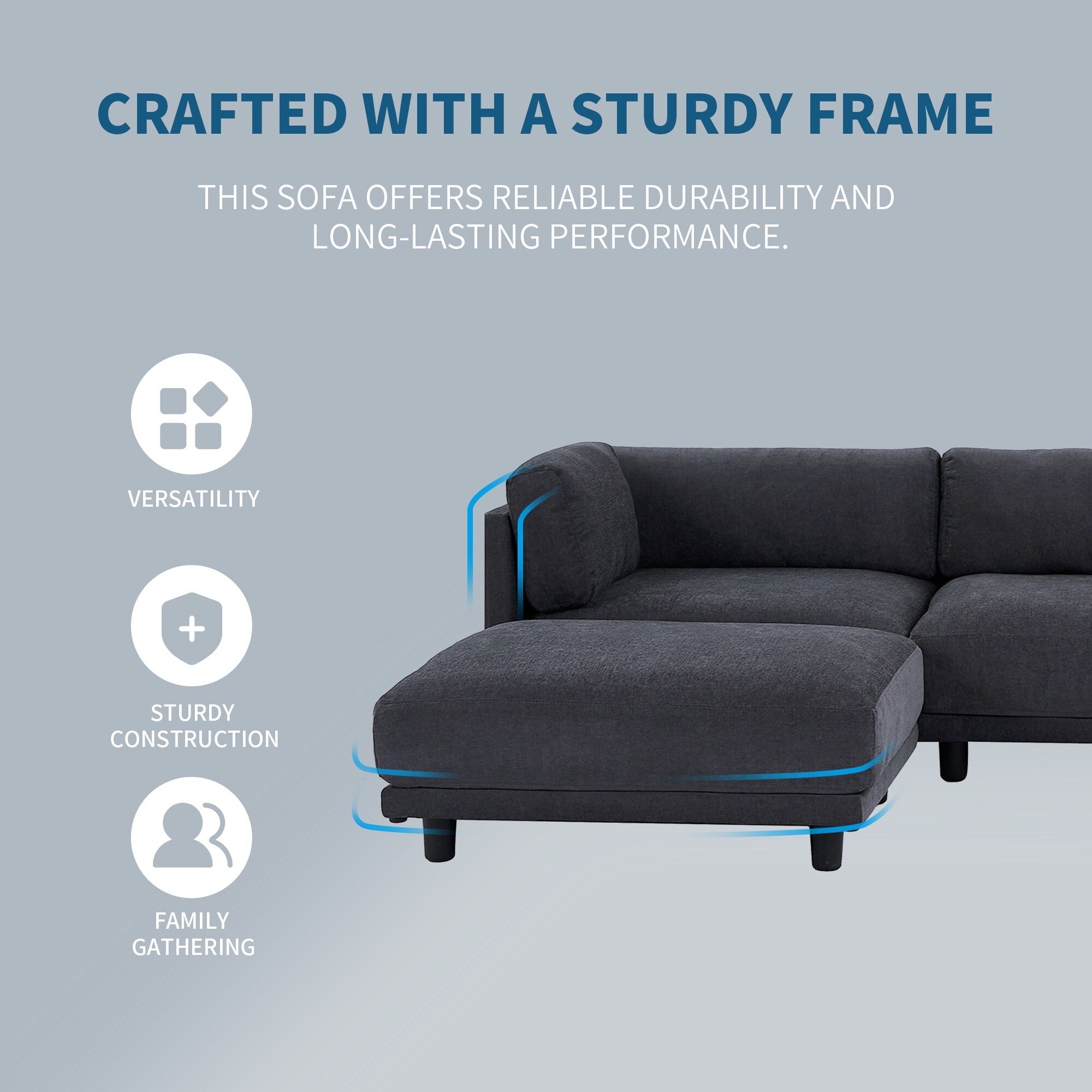 Canapé sectionnel en polyester en forme de L de 102,4 po avec pouf réversible, coussins moelleux et base en plastique robuste 14