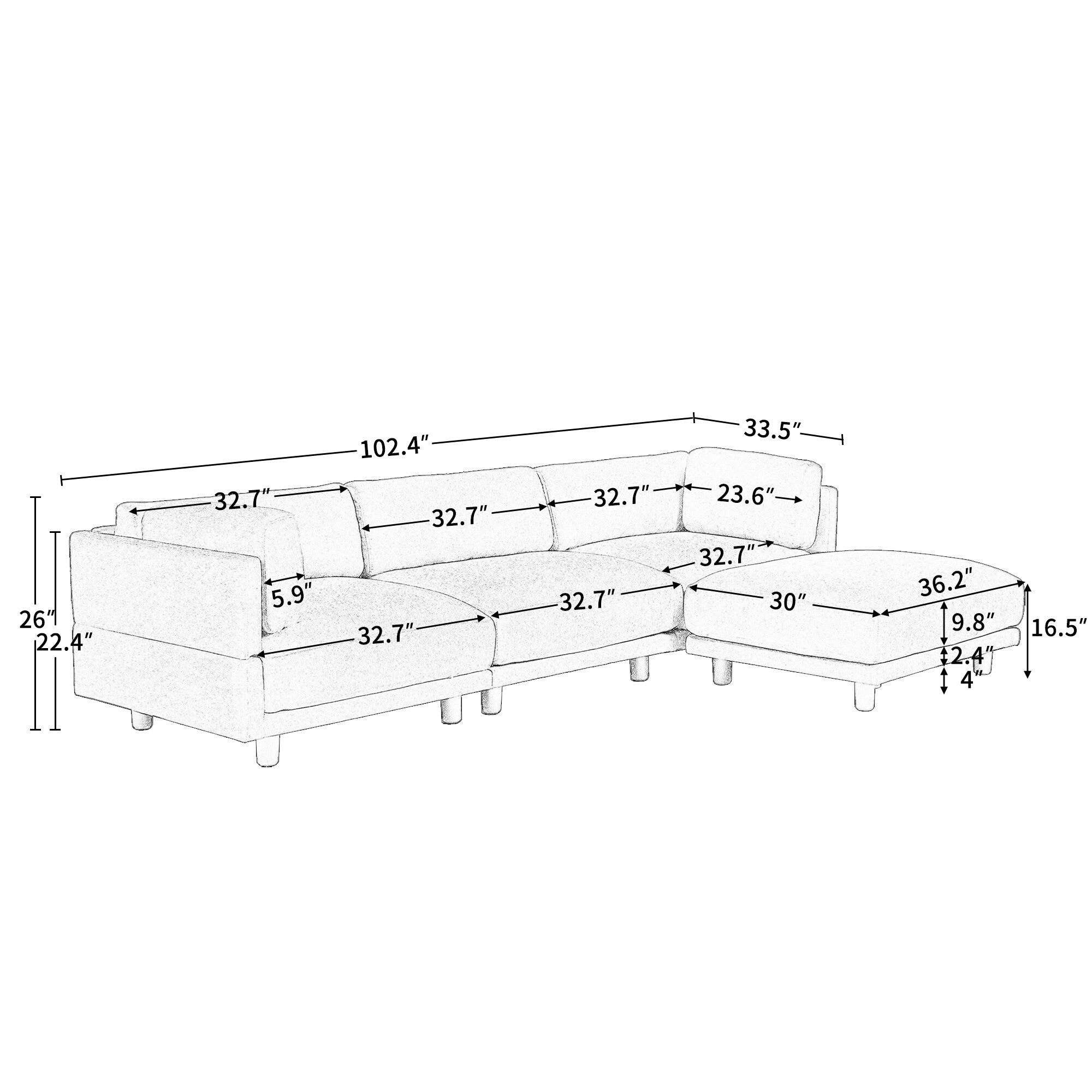 Canapé sectionnel en polyester en forme de L de 102,4 po avec pouf réversible, coussins moelleux et base en plastique robuste 17