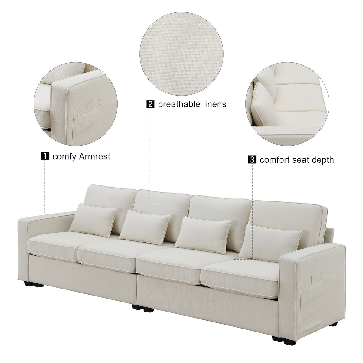 Canapé 4 places moderne en lin avec poches pour accoudoirs et 4 coussins 31