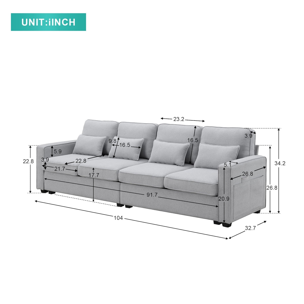 Canapé 4 places moderne en lin avec poches pour accoudoirs et 4 coussins 21