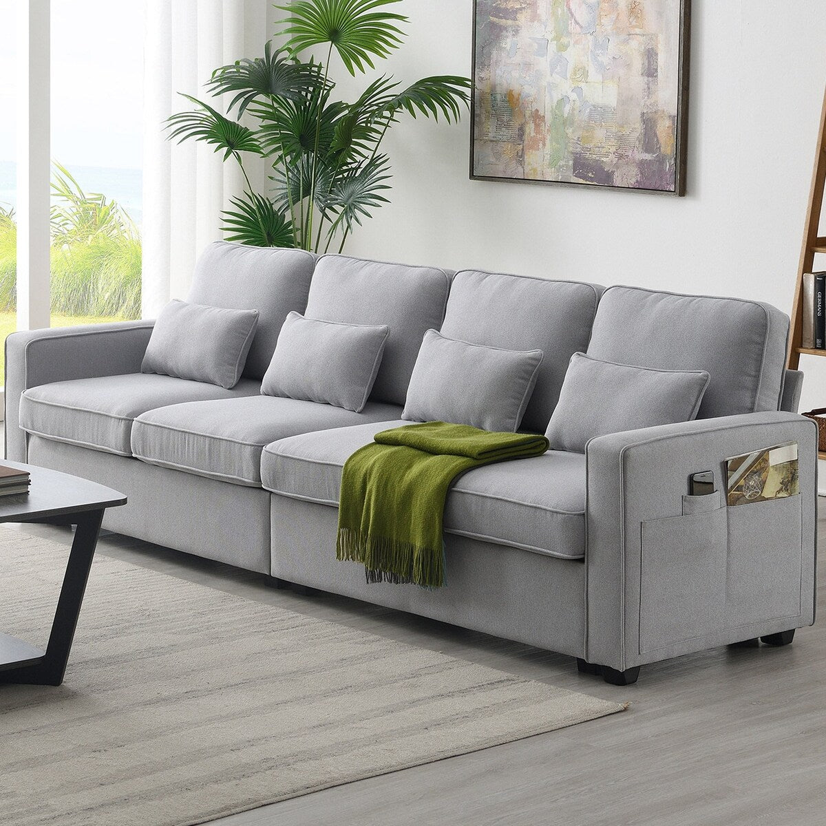 Canapé 4 places moderne en lin avec poches pour accoudoirs et 4 coussins 12