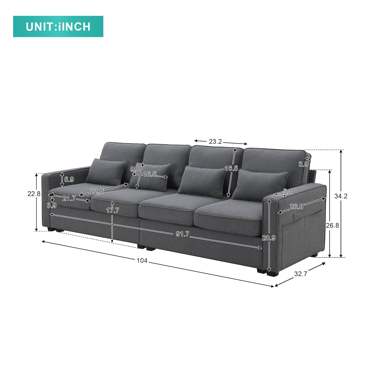 Canapé 4 places moderne en lin avec poches pour accoudoirs et 4 coussins 11
