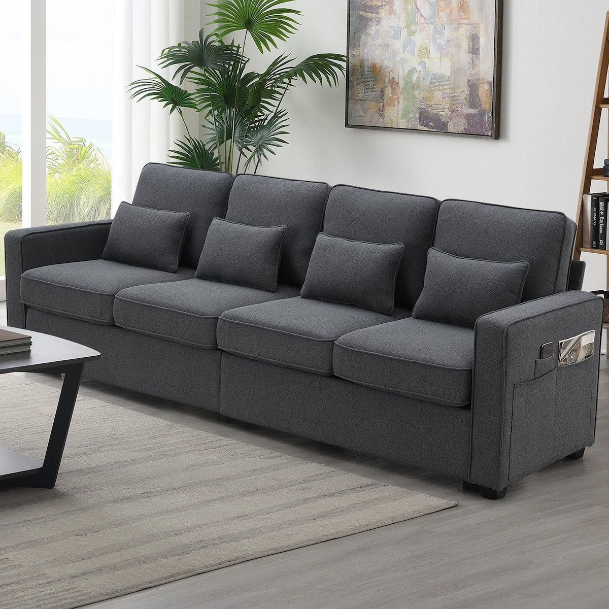 Canapé 4 places moderne en lin avec poches pour accoudoirs et 4 coussins
