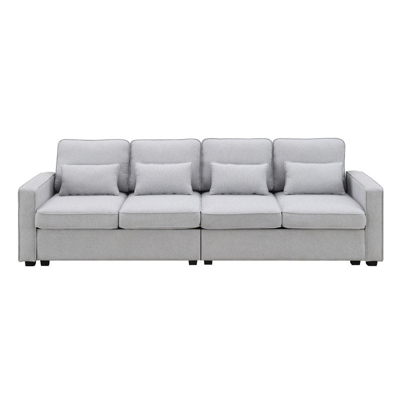 Canapé rembourré 4 places avec poches pour accoudoirs et 4 coussins, canapé moderne en lin de style minimaliste 4