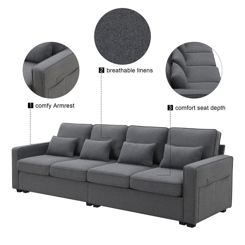 Canapé rembourré 4 places avec poches pour accoudoirs et 4 coussins, canapé moderne en lin de style minimaliste 11