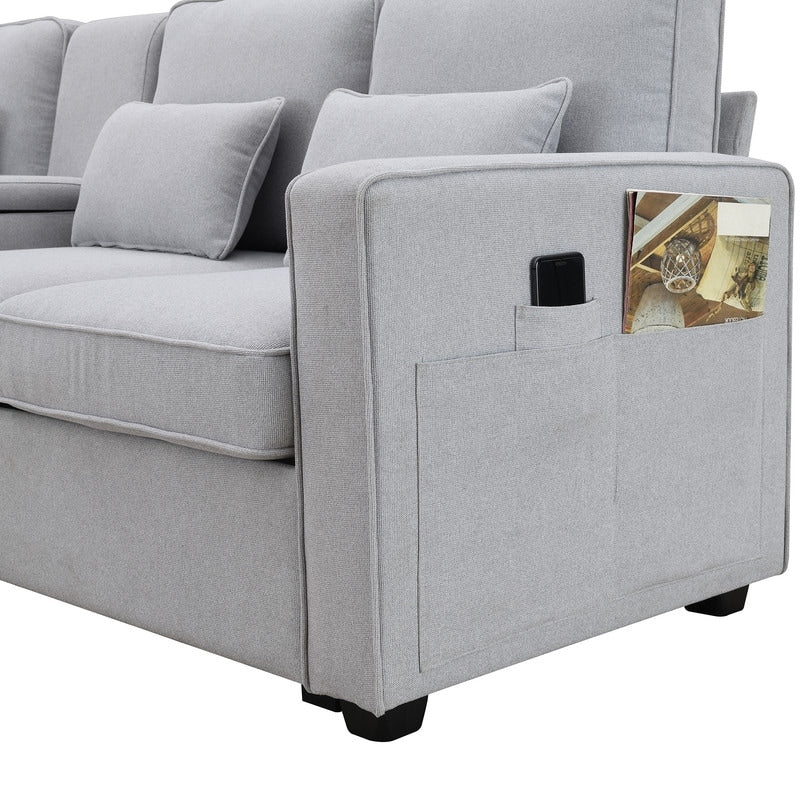 Canapé rembourré 4 places avec poches pour accoudoirs et 4 coussins, canapé moderne en lin de style minimaliste 5
