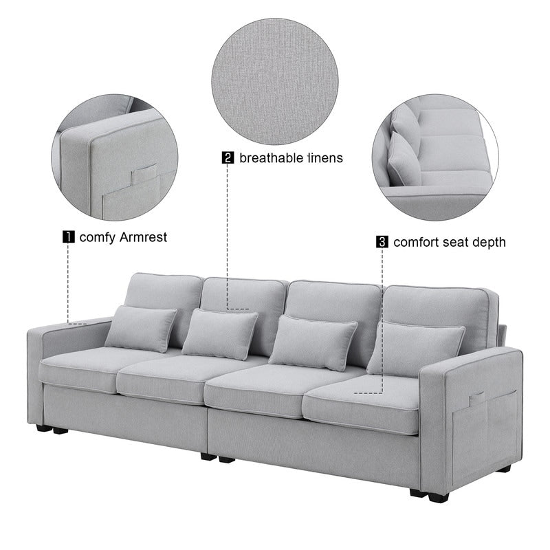 Canapé rembourré 4 places avec poches pour accoudoirs et 4 coussins, canapé moderne en lin de style minimaliste 6