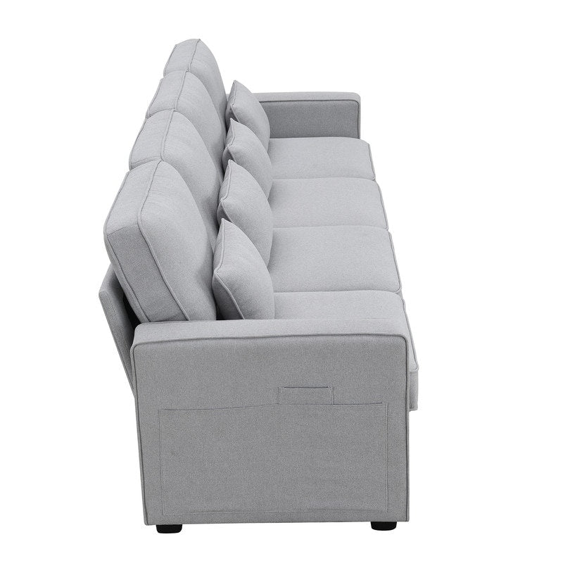 Canapé rembourré 4 places avec poches pour accoudoirs et 4 coussins, canapé moderne en lin de style minimaliste 2