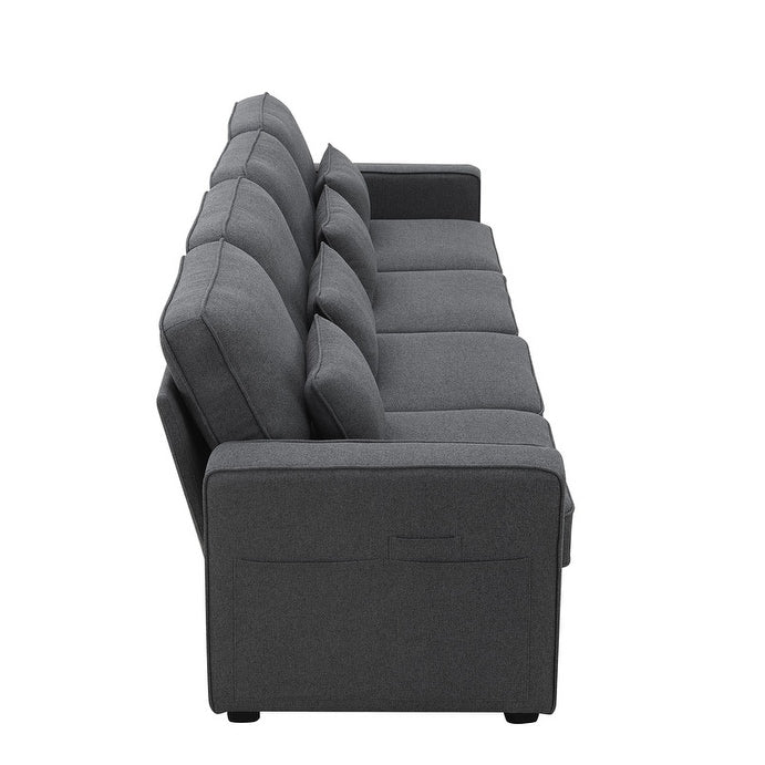 Canapé rembourré 4 places avec poches pour accoudoirs et 4 coussins, canapé moderne en lin de style minimaliste 17