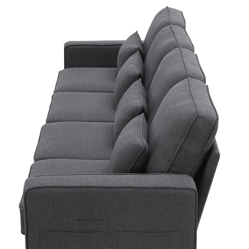 Canapé rembourré 4 places avec poches pour accoudoirs et 4 coussins, canapé moderne en lin de style minimaliste 14