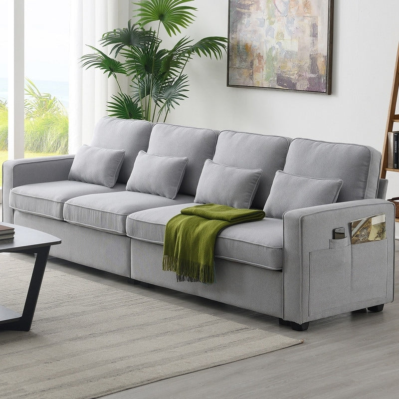 Canapé rembourré 4 places avec poches pour accoudoirs et 4 coussins, canapé moderne en lin de style minimaliste
