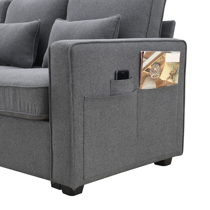 Canapé rembourré 4 places avec poches pour accoudoirs et 4 coussins, canapé moderne en lin de style minimaliste 12