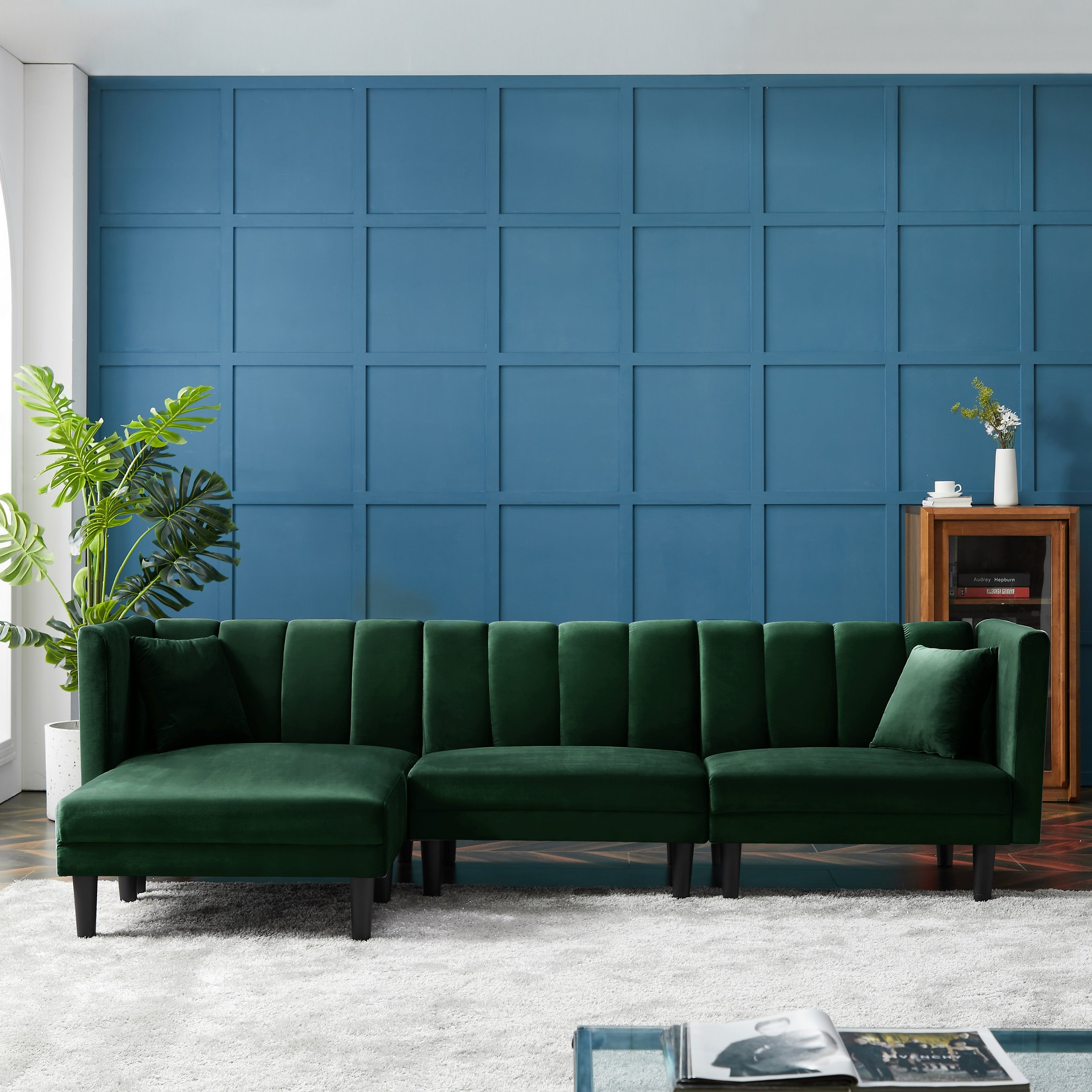 Canapé sectionnel réversible 3 places en velours 106,7 avec fonction couchage, dossier réglable, méridienne et 2 oreillers