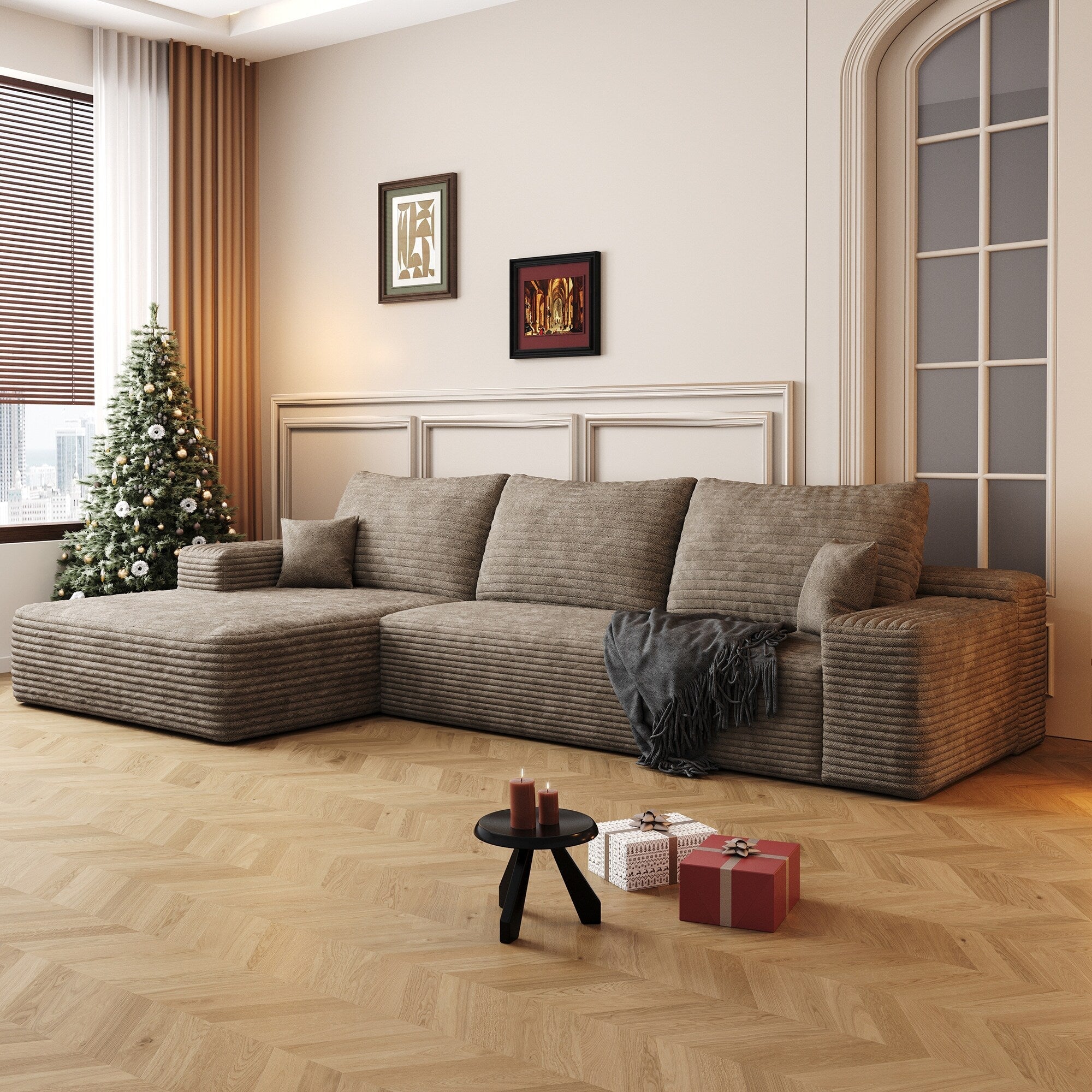 Canapé sectionnel modulaire en velours côtelé de 107 pouces avec méridienne et assise profonde pour salon et chambre à coucher 19