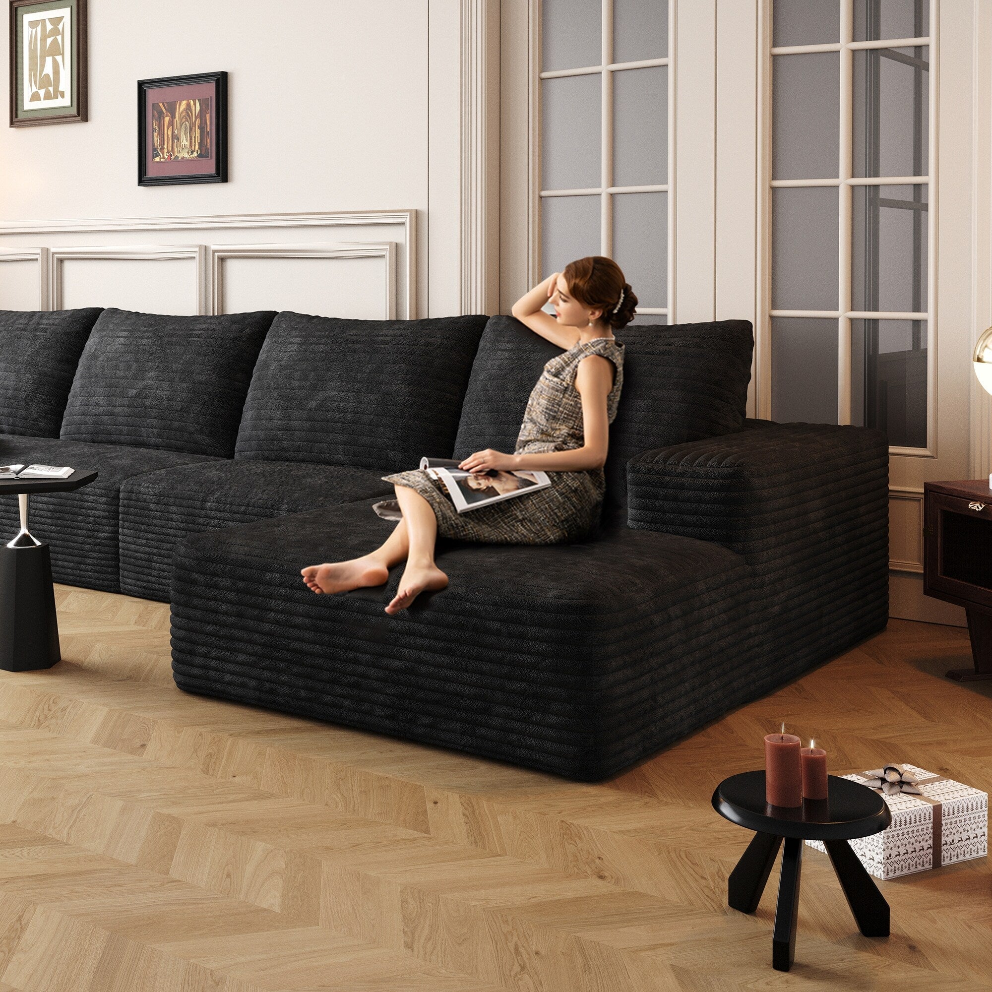Canapé sectionnel modulaire en velours côtelé de 107 pouces avec méridienne et assise profonde pour salon et chambre à coucher 6
