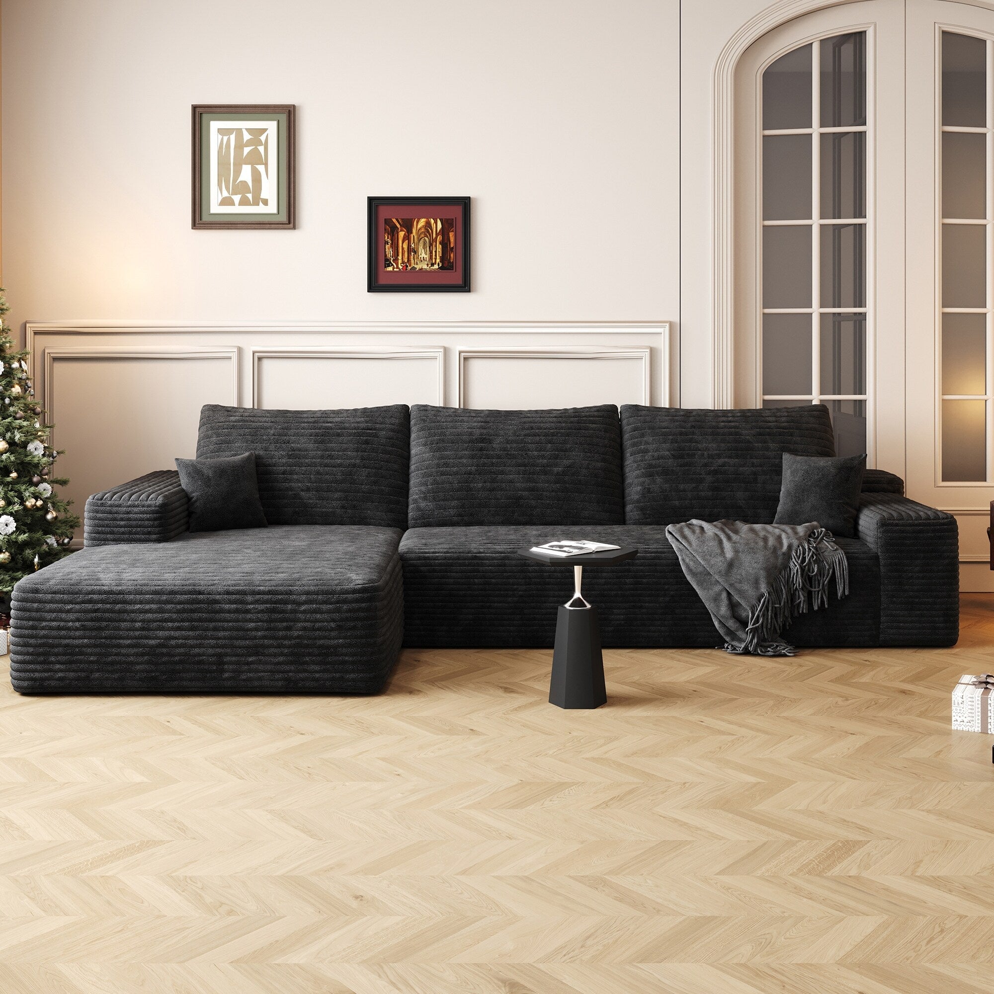 Canapé sectionnel modulaire en velours côtelé de 107 pouces avec méridienne et assise profonde pour salon et chambre à coucher