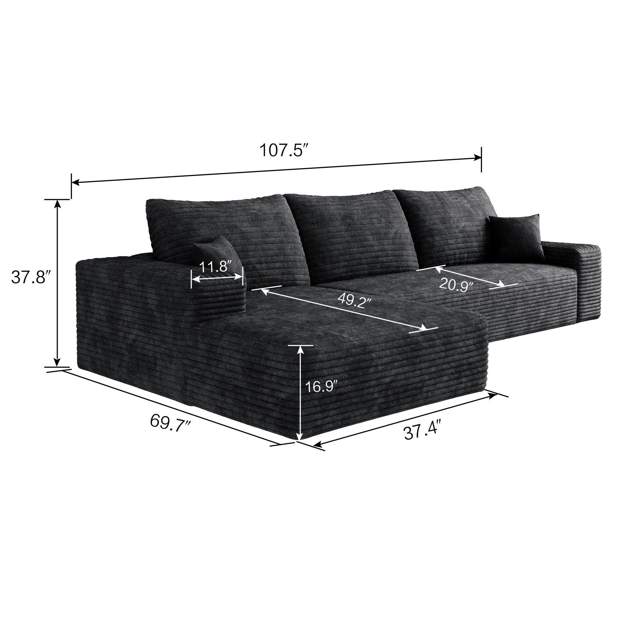 Canapé sectionnel modulaire en velours côtelé de 107 pouces avec méridienne et assise profonde pour salon et chambre à coucher 2