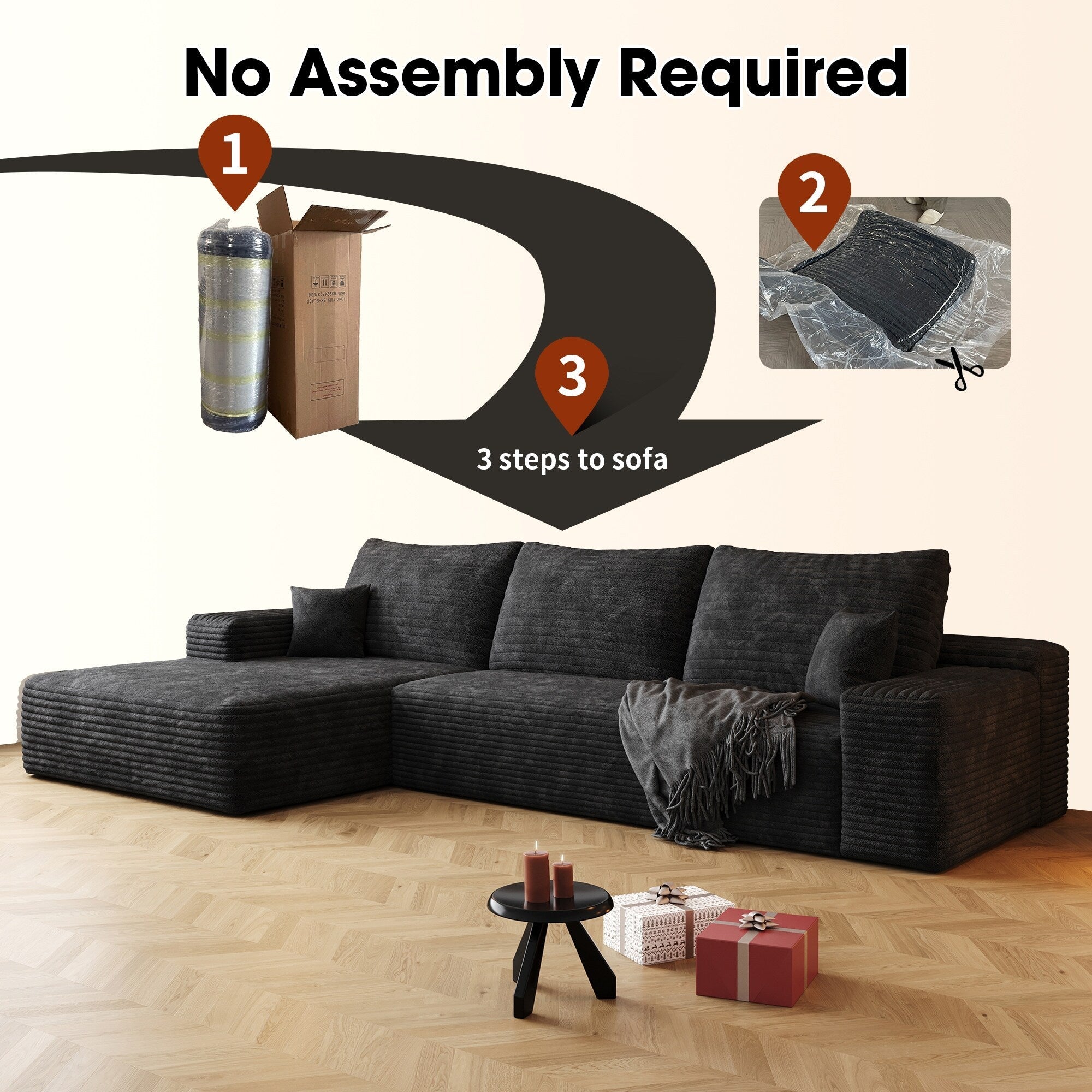 Canapé sectionnel modulaire en velours côtelé de 107 pouces avec méridienne et assise profonde pour salon et chambre à coucher 7
