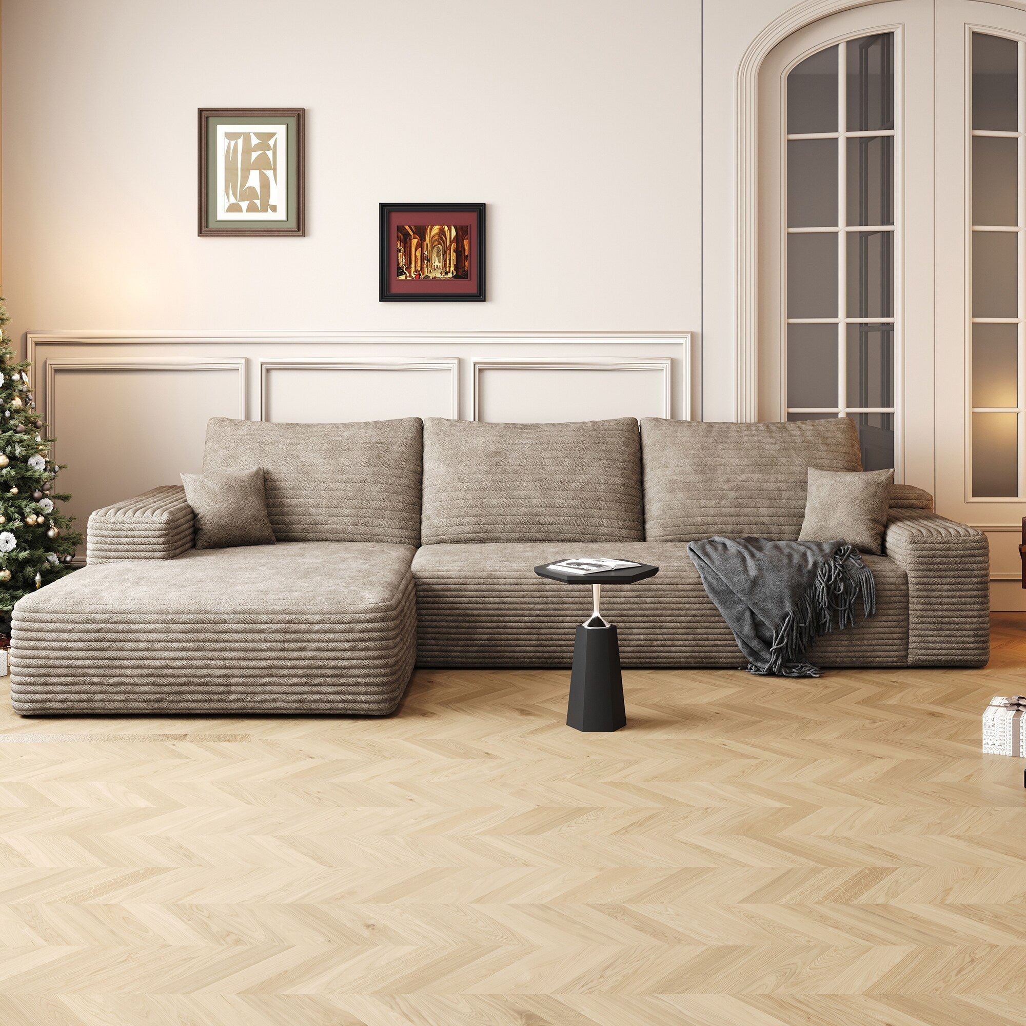 Canapé sectionnel modulaire en velours côtelé de 107 pouces avec méridienne et assise profonde pour salon et chambre à coucher 16