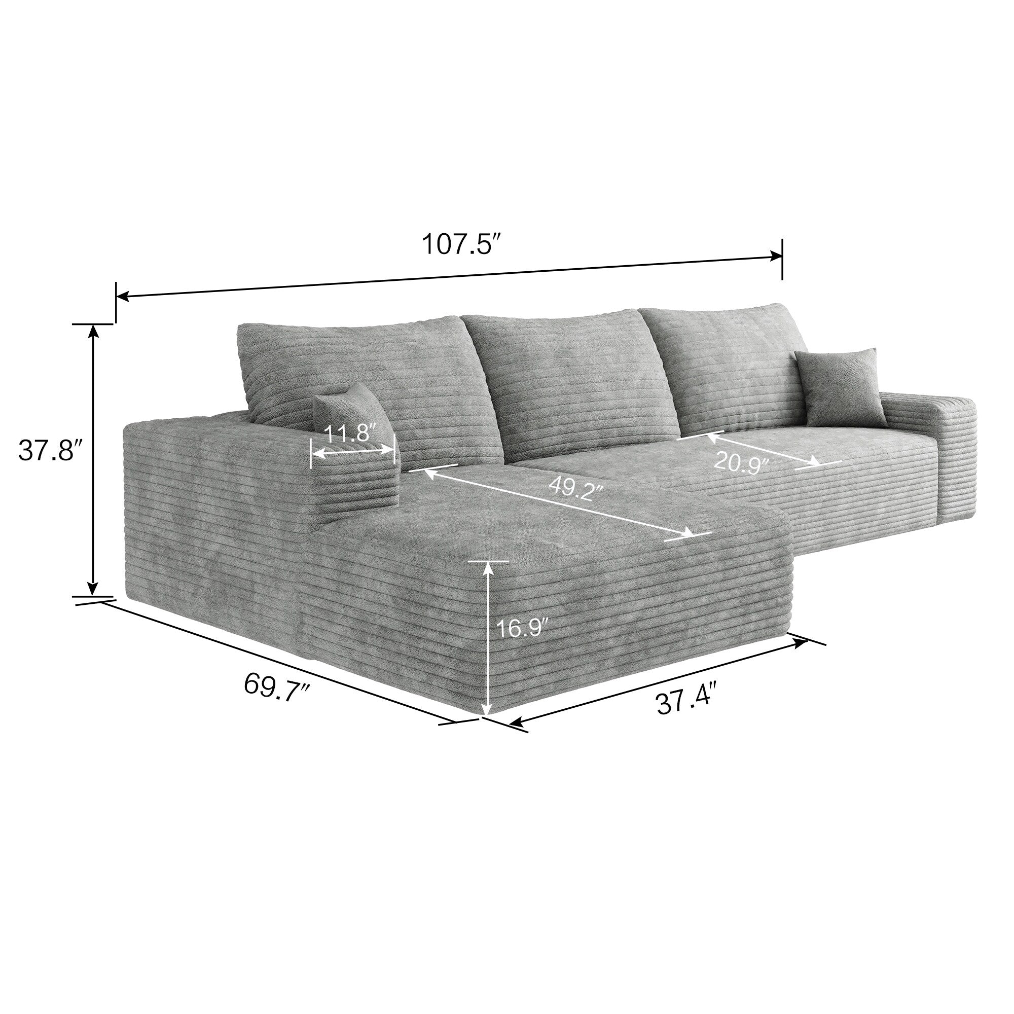 Canapé sectionnel modulaire en velours côtelé de 107 pouces avec méridienne et assise profonde pour salon et chambre à coucher 11