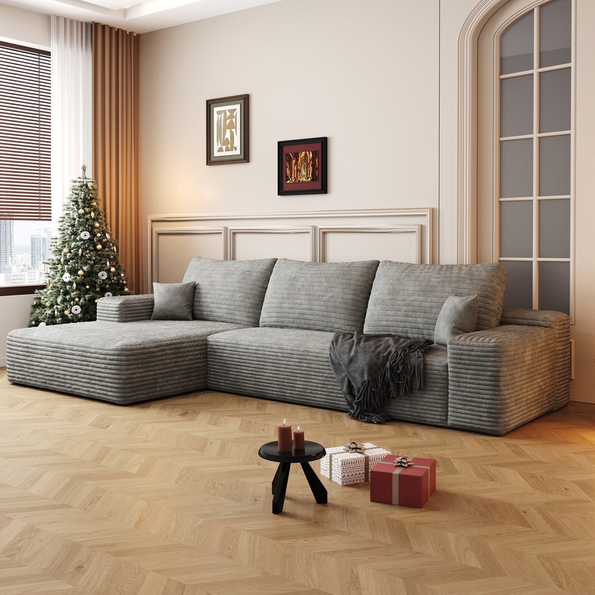 Canapé sectionnel modulaire en velours côtelé de 107 pouces avec méridienne et assise profonde pour salon et chambre à coucher 12