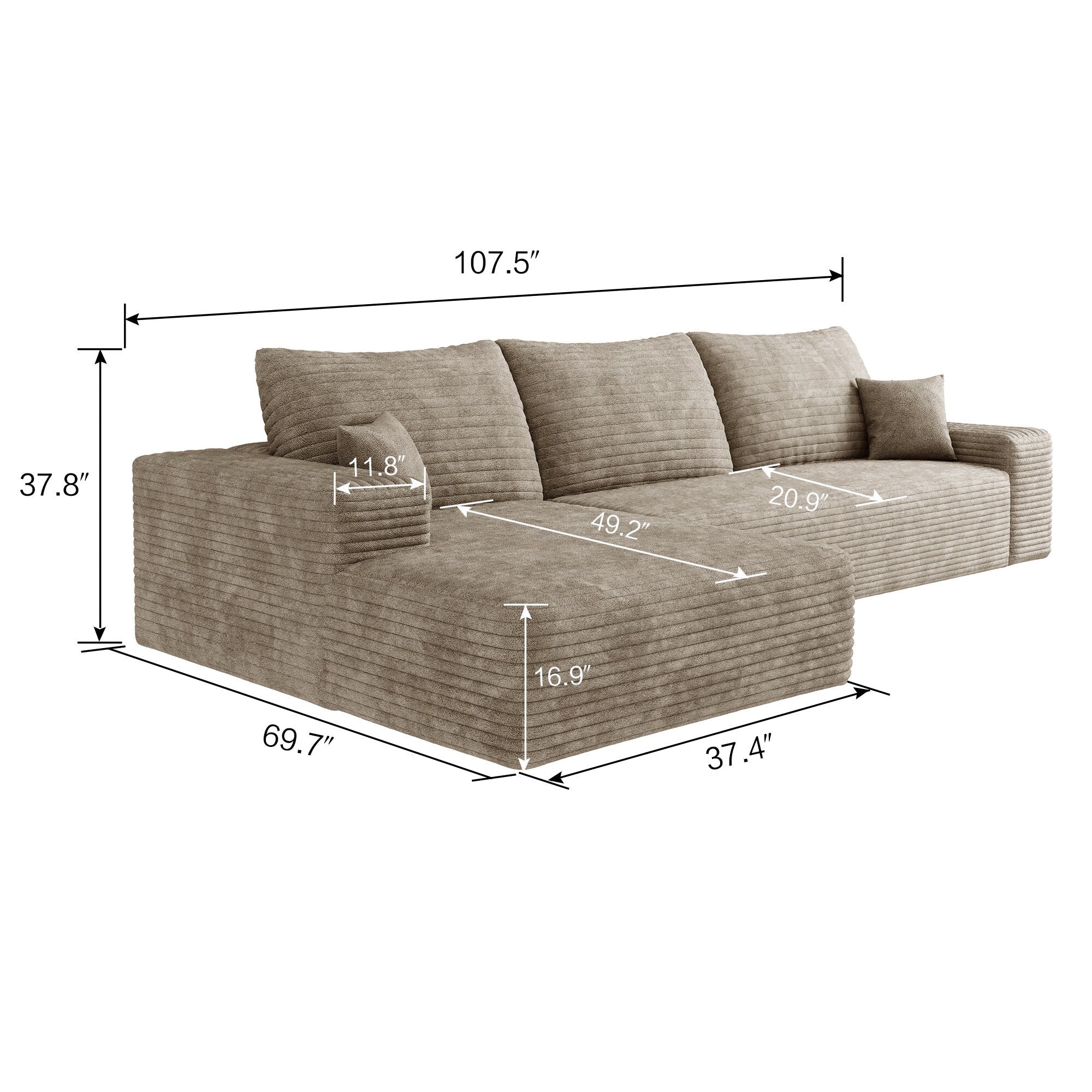 Canapé sectionnel modulaire en velours côtelé de 107 pouces avec méridienne et assise profonde pour salon et chambre à coucher 18