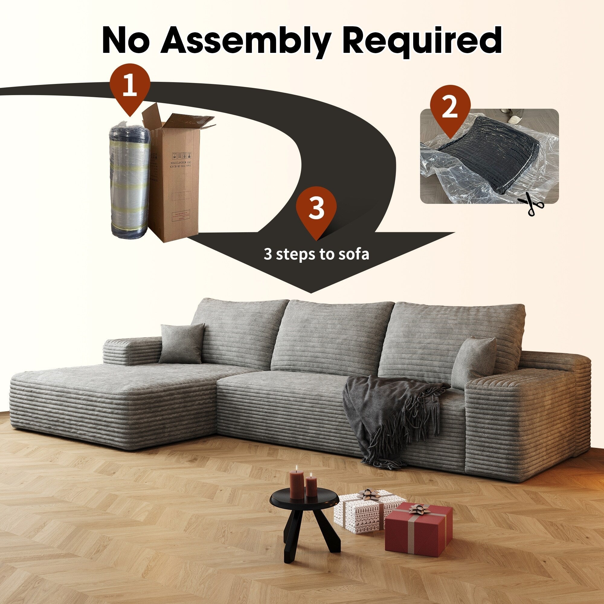 Canapé sectionnel modulaire en velours côtelé de 107 pouces avec méridienne et assise profonde pour salon et chambre à coucher 15
