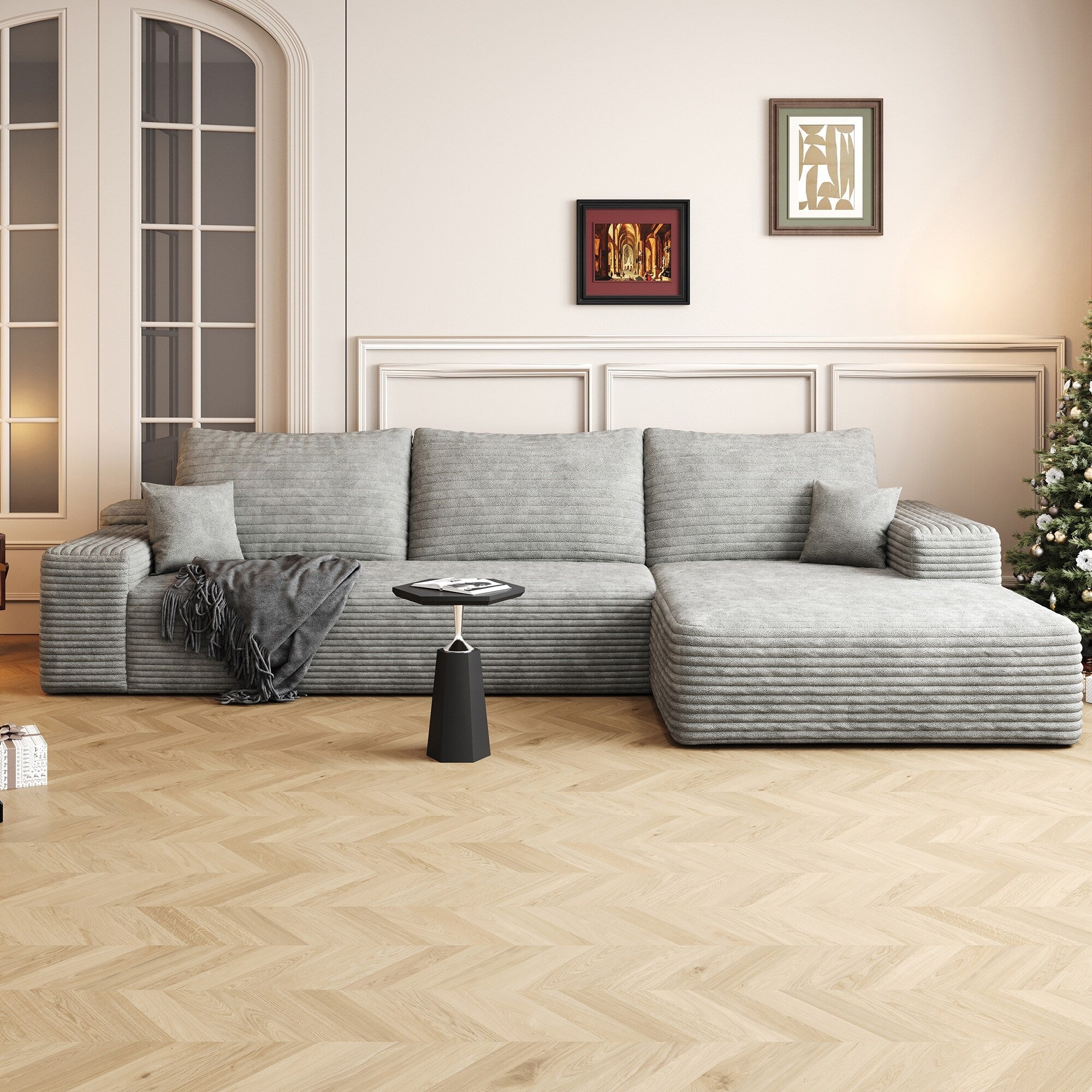 Canapé sectionnel modulaire en velours côtelé de 107 pouces avec méridienne et assise profonde pour salon et chambre à coucher