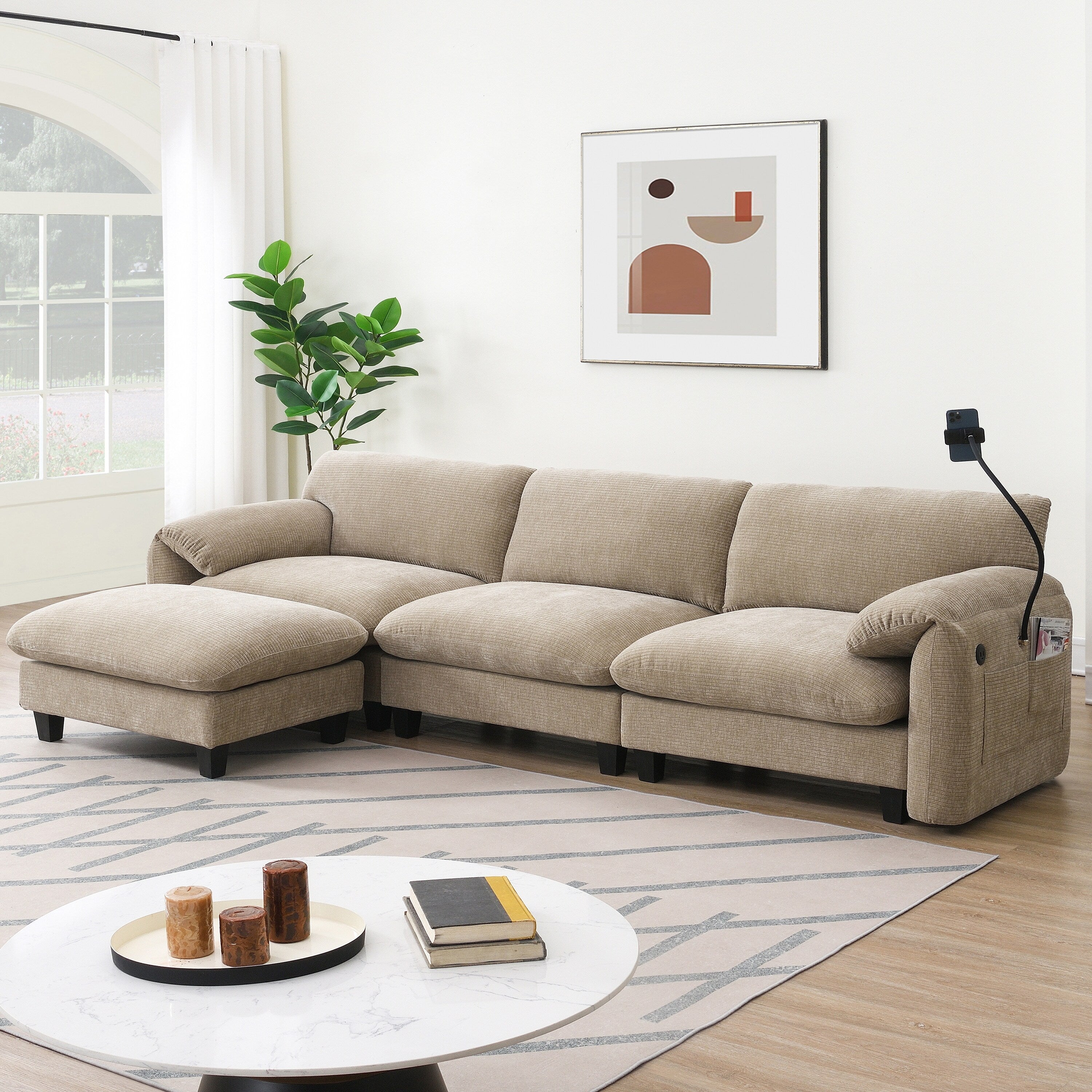 Canapé sectionnel modulaire en chenille de 108 pouces avec ports USB et Type-C, supports pour téléphone, poches de rangement latérales et pouf amovible