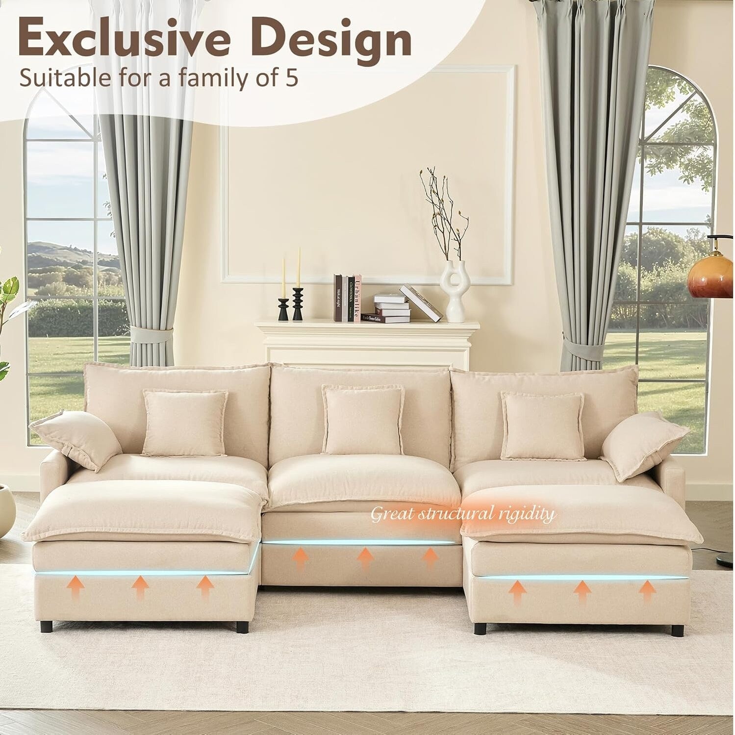 Canapé modulaire sectionnel en L 108 - Canapé Cloud 3 places avec pouf amovible et assise profonde, tissu en lin beige 3