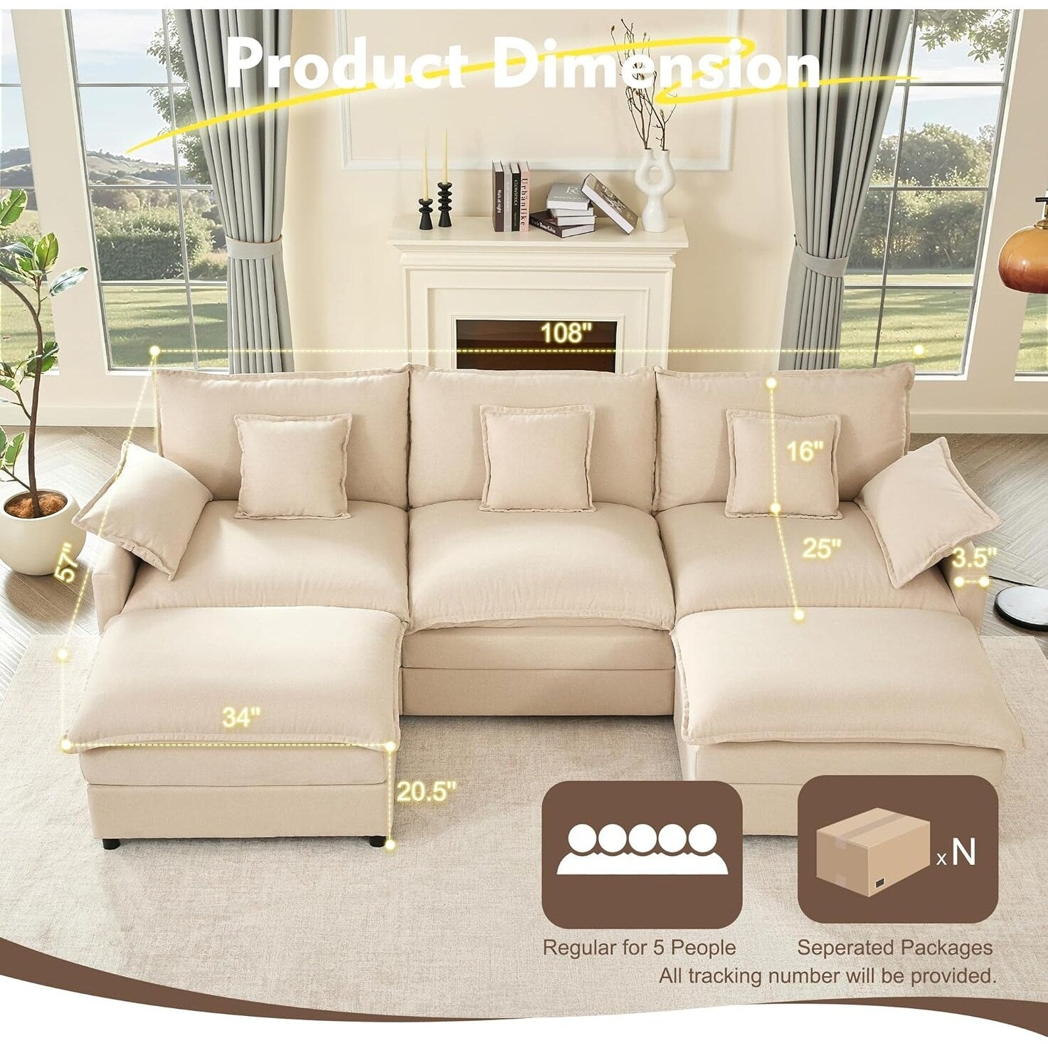 Canapé modulaire sectionnel en L 108 - Canapé Cloud 3 places avec pouf amovible et assise profonde, tissu en lin beige 2