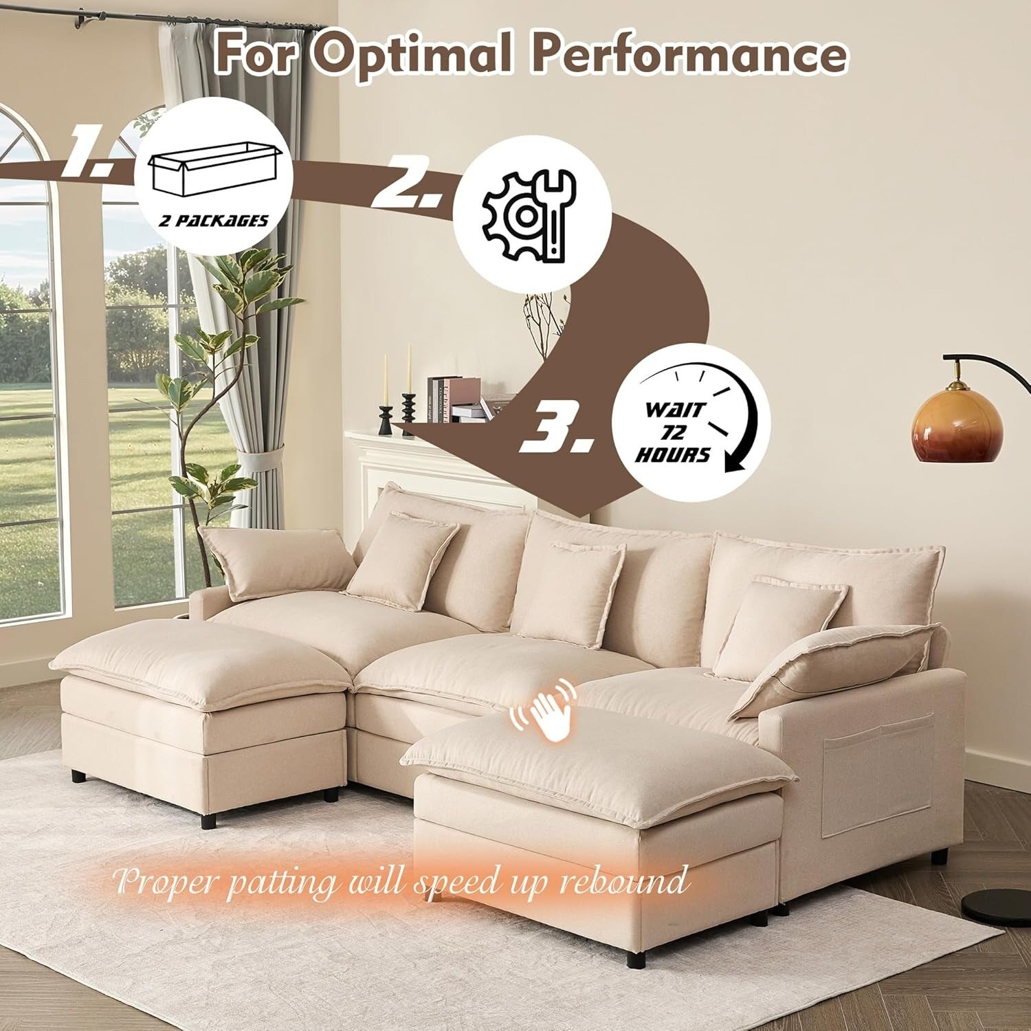 Canapé modulaire sectionnel en L 108 - Canapé Cloud 3 places avec pouf amovible et assise profonde, tissu en lin beige 5