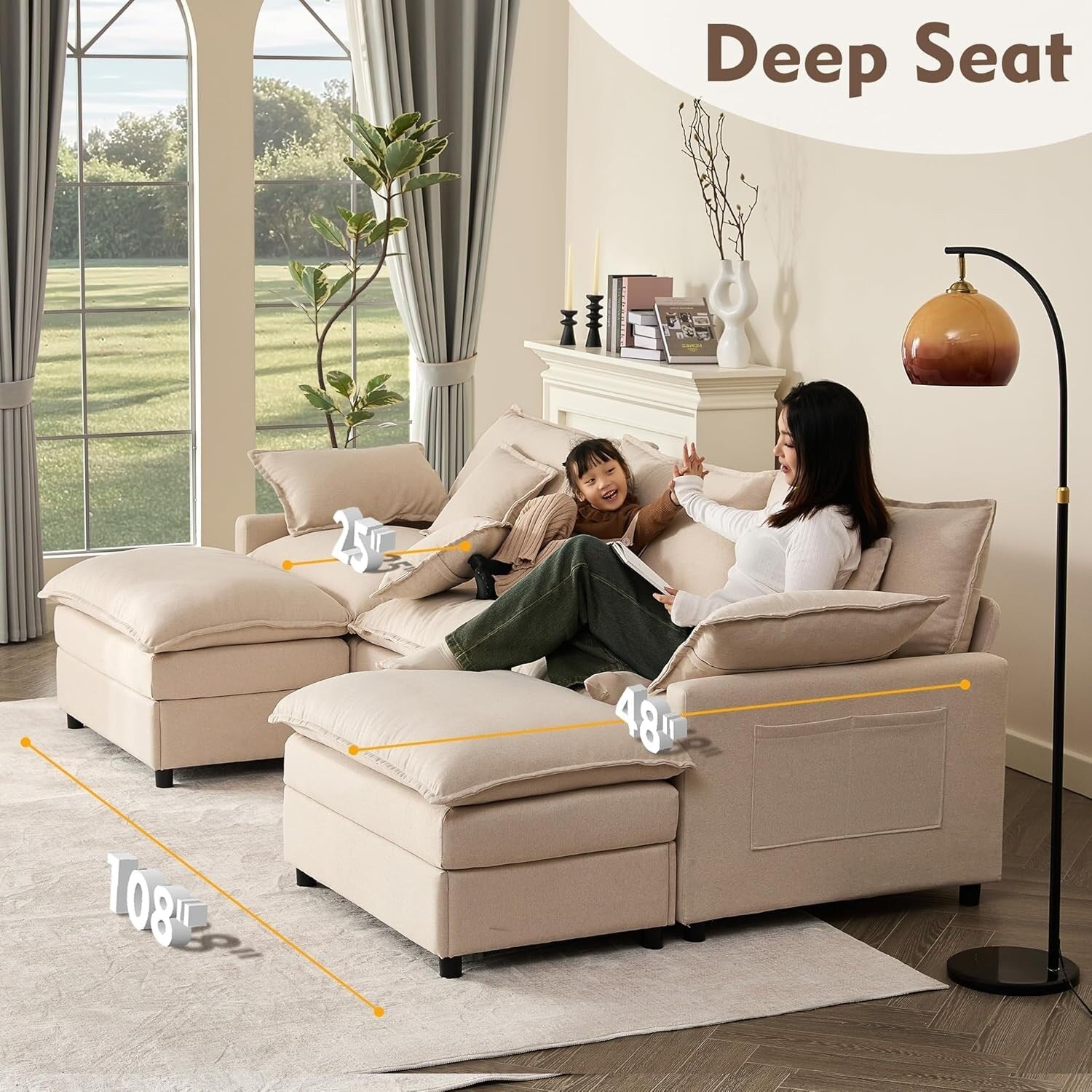 Canapé modulaire sectionnel en L 108 - Canapé Cloud 3 places avec pouf amovible et assise profonde, tissu en lin beige 4