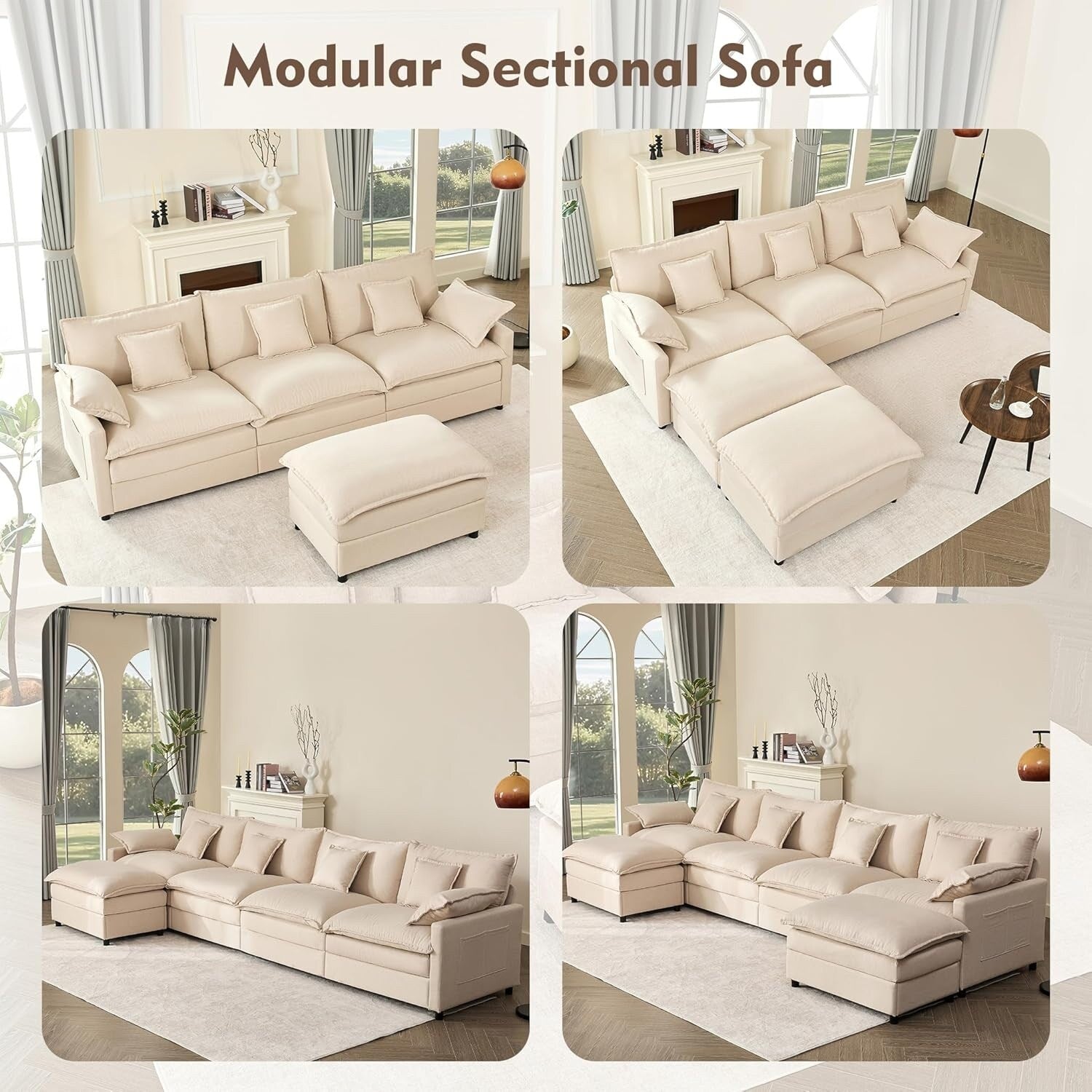 Canapé modulaire sectionnel en L 108 - Canapé Cloud 3 places avec pouf amovible et assise profonde, tissu en lin beige 7