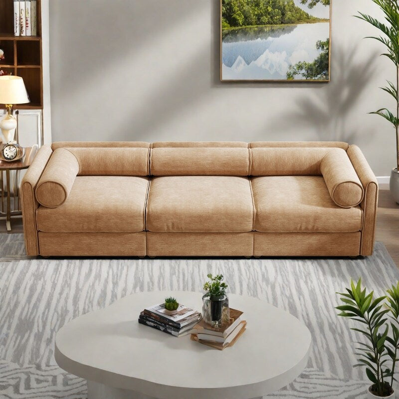 Canapé 3 places en chenille avec compartiment de rangement, dossier cylindrique et design modulaire