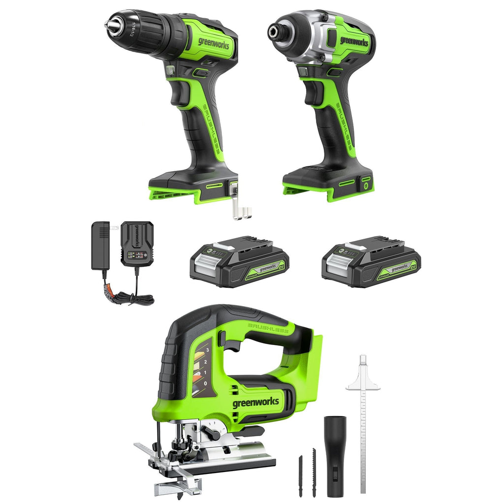 Kit combiné 3 pièces avec perceuse-visseuse, visseuse à percussion et scie sauteuse sans fil 24 V avec 2 batteries 2 Ah et chargeur