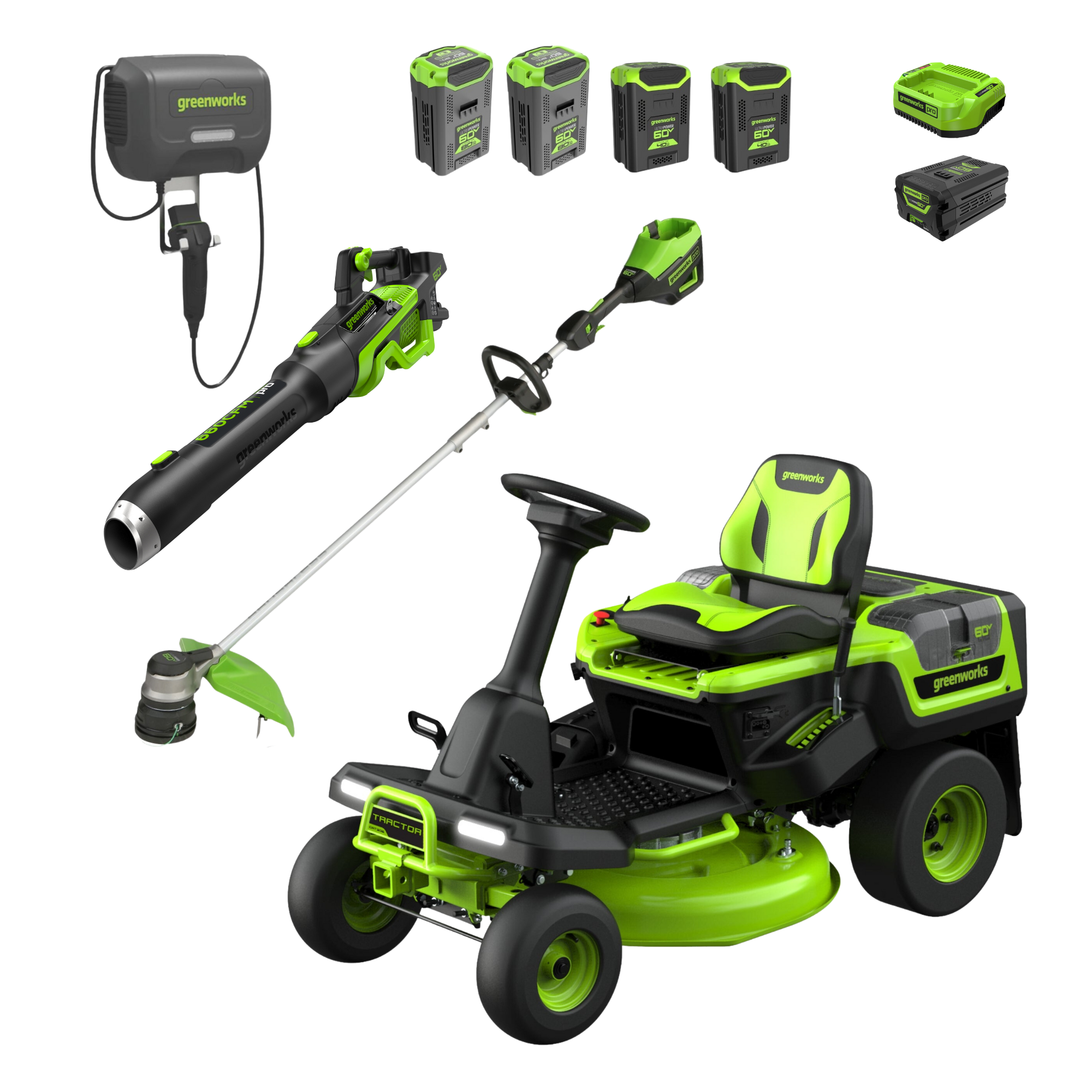 Tracteur autoporté CrossoverT 60 V 30 po, ensemble combiné 3 pièces avec deux batteries de 8 Ah, deux batteries de 4 Ah, une batterie de 2,5 Ah et deux chargeurs