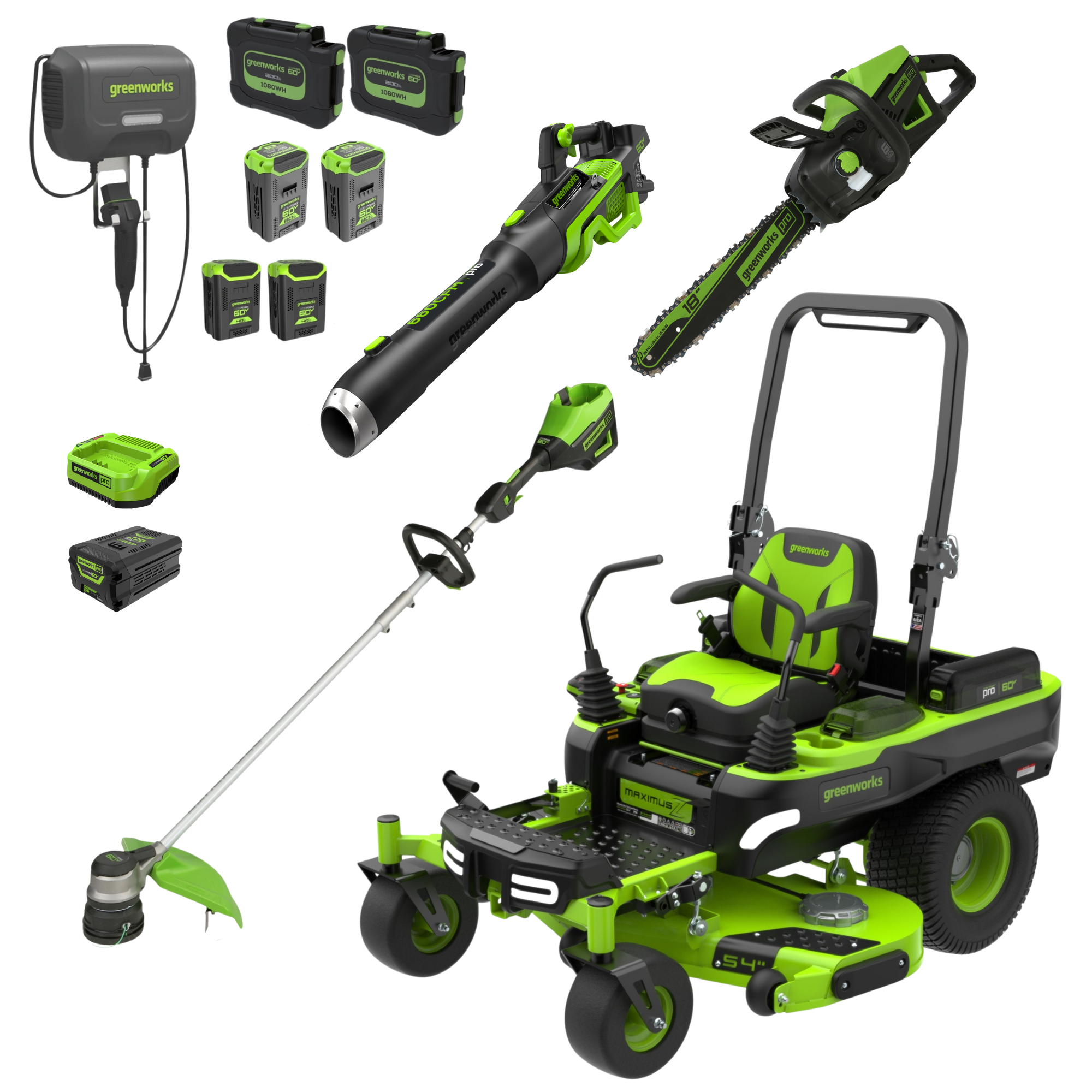 Tondeuse autoportée à rayon de braquage zéro MaximusZ 60 V 54 po, kit combiné 4 pièces avec (2) batteries de 20,0 Ah, (2) de 8,0 Ah, (2) de 4,0 Ah et (1) de 2,5 Ah et (2) chargeurs
