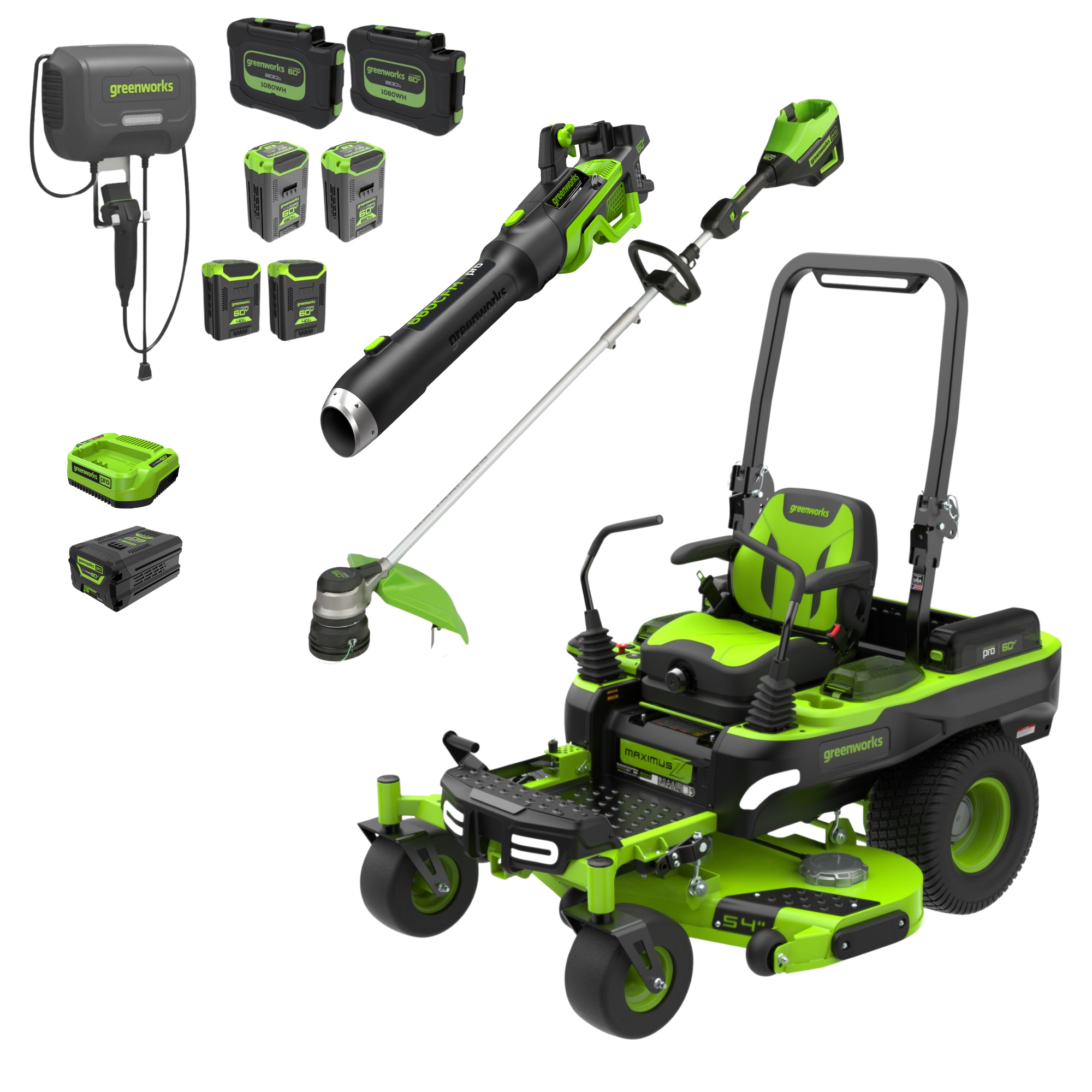 Tondeuse autoportée à rayon de braquage zéro MaximusZ 60 V 54 po, kit combiné 3 pièces avec (2) batteries de 20,0 Ah, (2) batteries de 8,0 Ah, (2) batteries de 4,0 Ah et (1) batteries de 2,5 Ah et (2) chargeurs