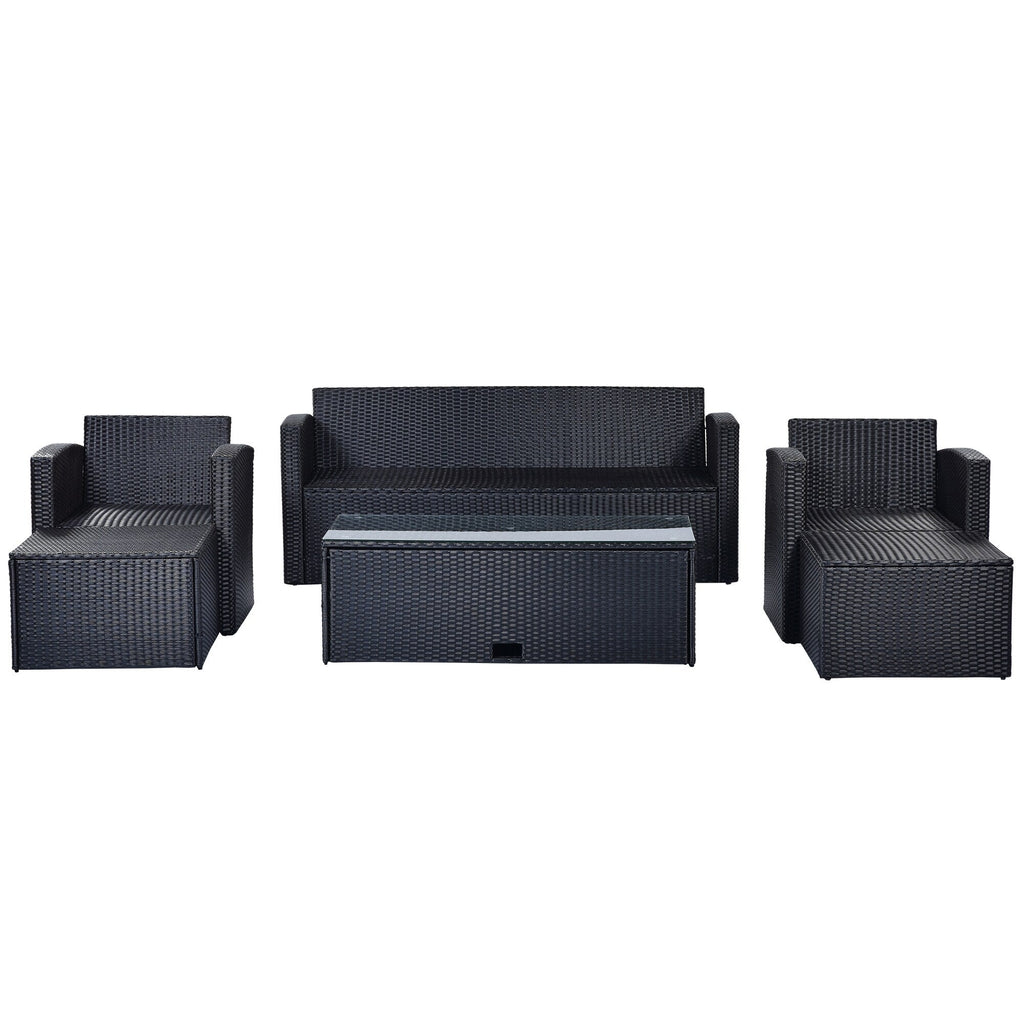 Ensemble de salle à manger d'extérieur en rotin synthétique 6 pièces avec table basse, canapés en osier, poufs et coussins amovibles
