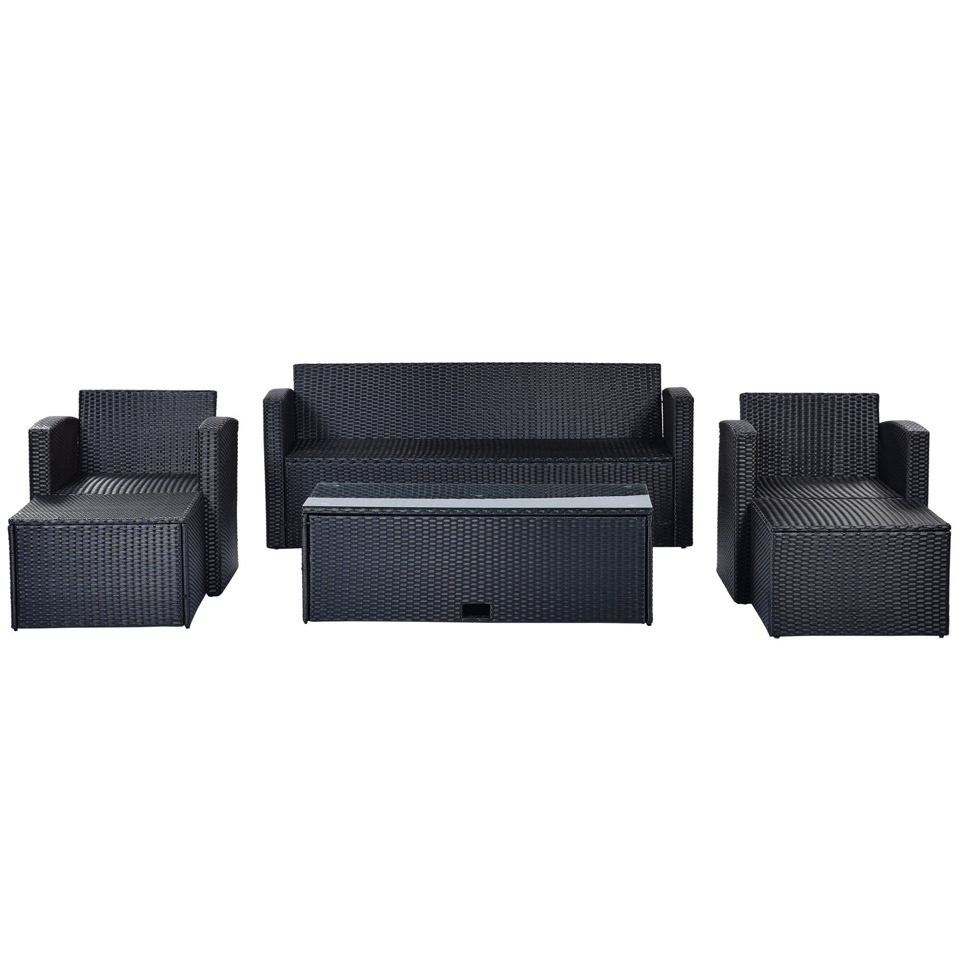 Ensemble de salle à manger d'extérieur en rotin synthétique 6 pièces avec table basse, canapés en osier, poufs et coussins amovibles