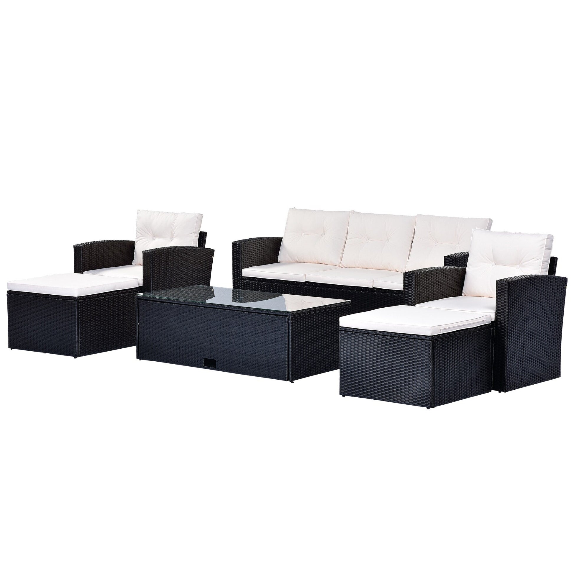 Ensemble de salle à manger d'extérieur en rotin synthétique 6 pièces avec table basse, canapés en osier, poufs et coussins amovibles
