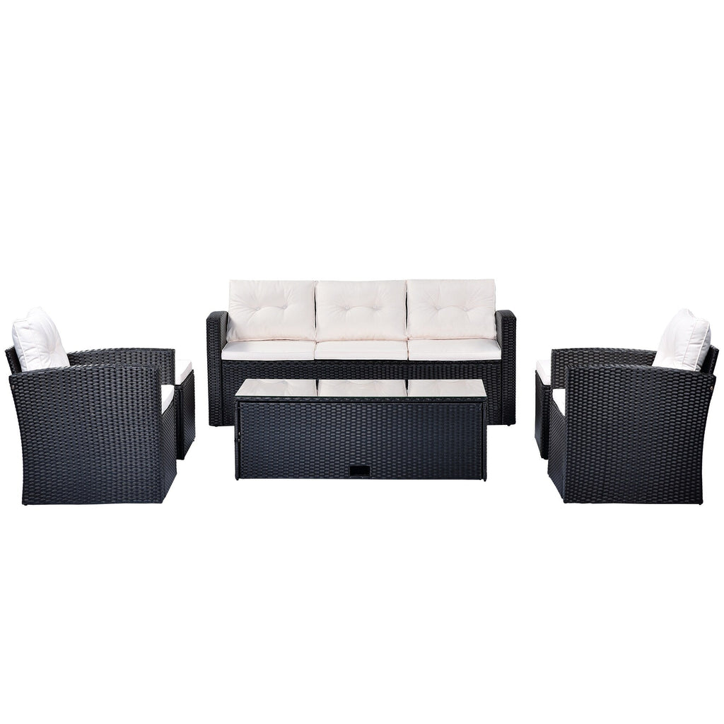 Ensemble de salle à manger d'extérieur en rotin synthétique 6 pièces avec table basse, canapés en osier, poufs et coussins amovibles