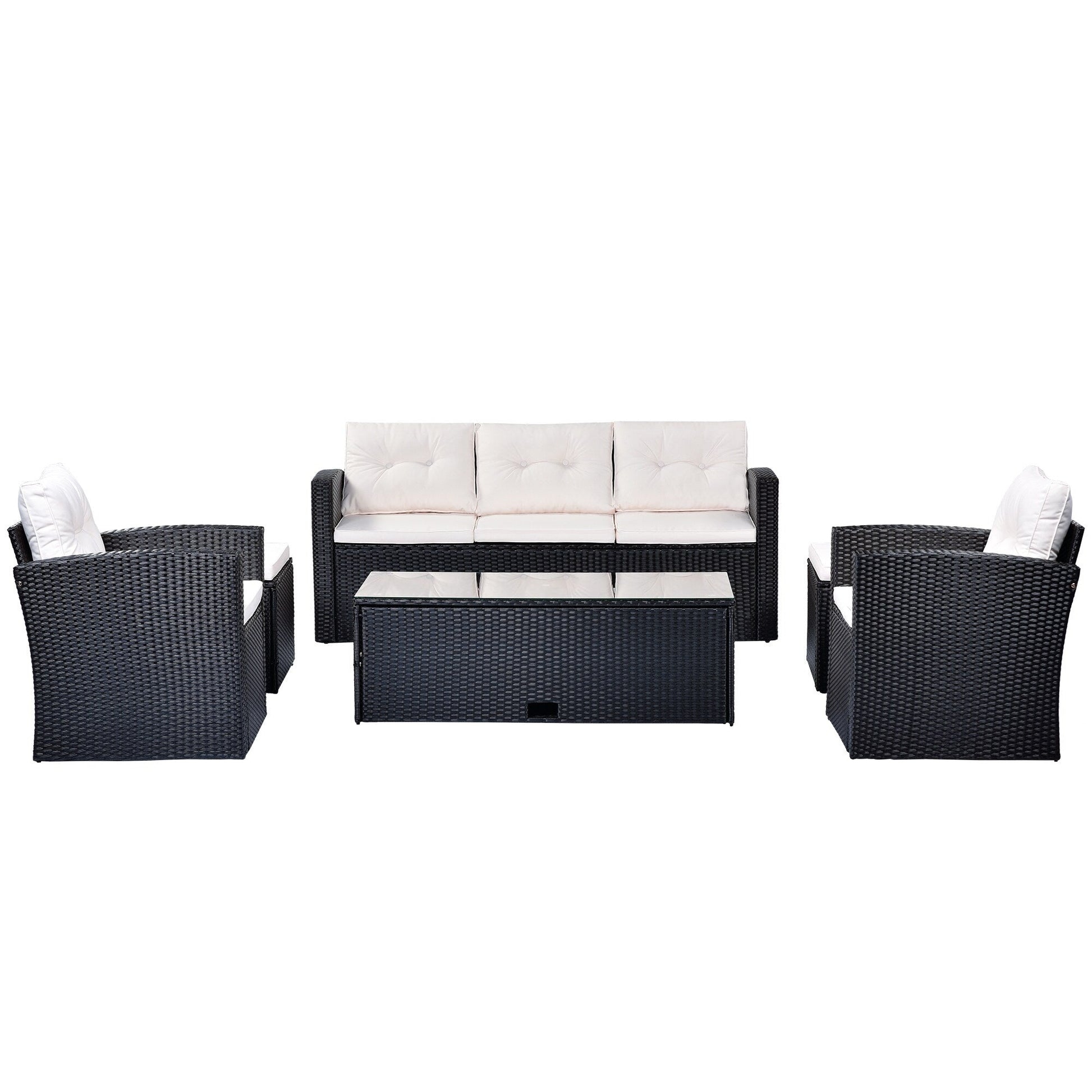 Ensemble de salle à manger d'extérieur en rotin synthétique 6 pièces avec table basse, canapés en osier, poufs et coussins amovibles