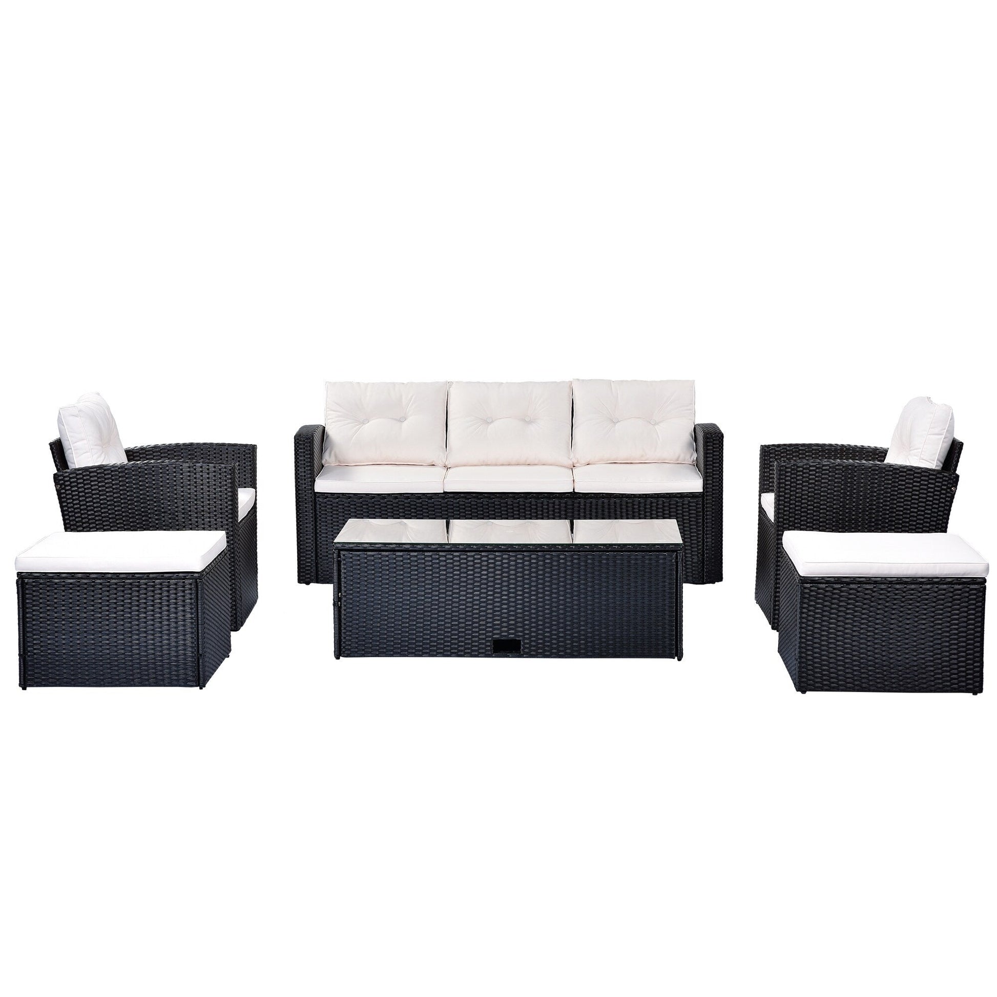 Ensemble de salle à manger d'extérieur en rotin synthétique 6 pièces avec table basse, canapés en osier, poufs et coussins amovibles