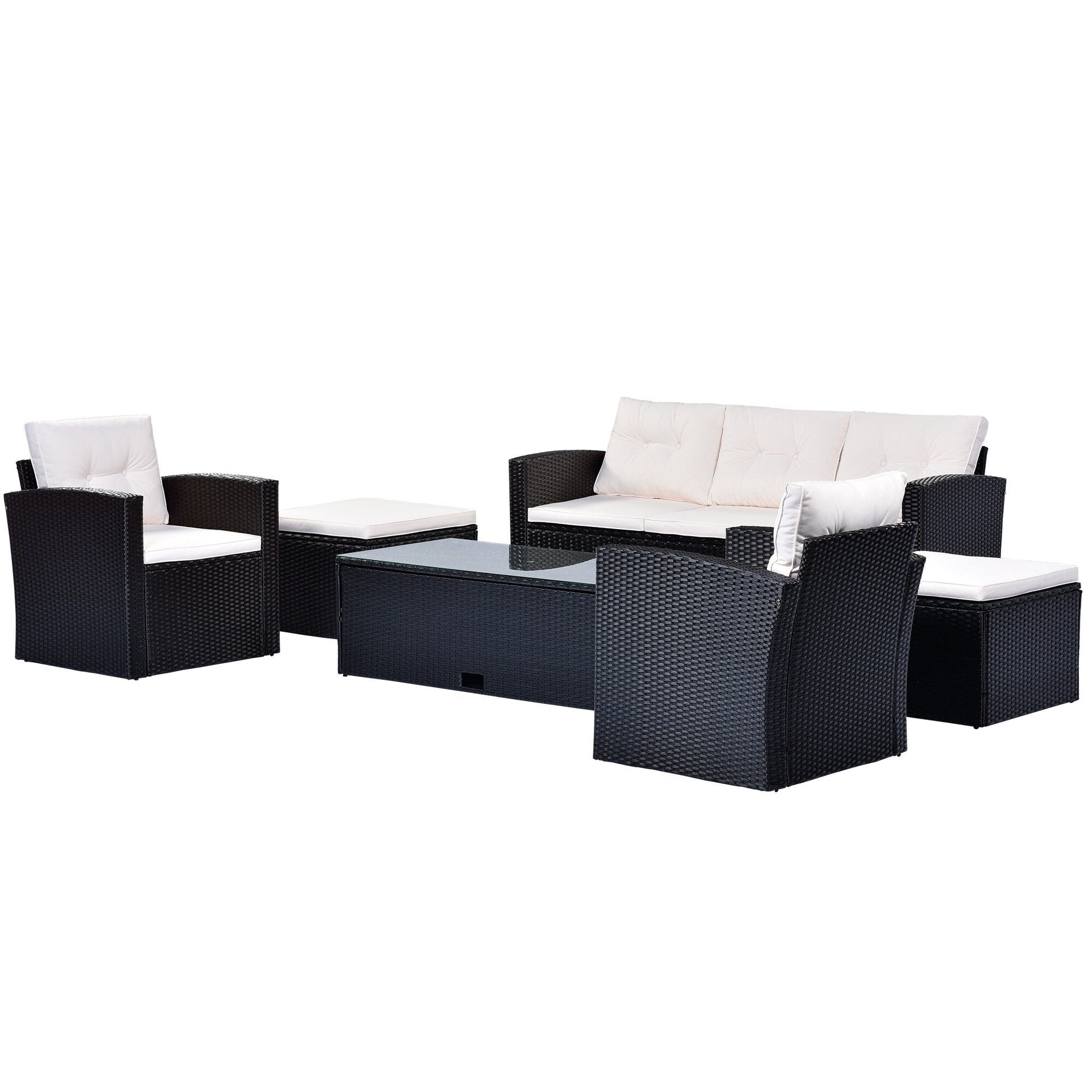 Ensemble de salle à manger d'extérieur en rotin synthétique 6 pièces avec table basse, canapés en osier, poufs et coussins amovibles