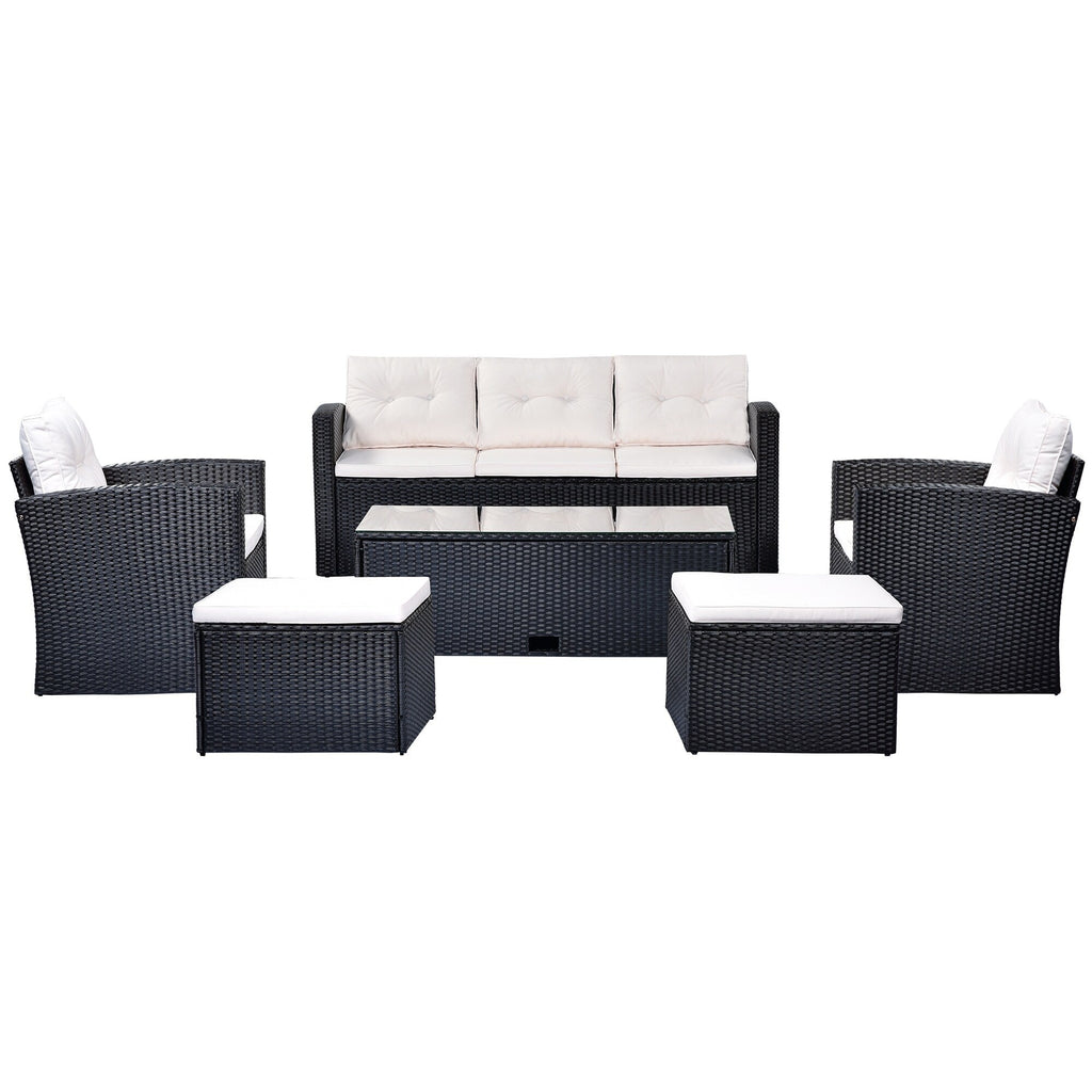 Ensemble de salle à manger d'extérieur en rotin synthétique 6 pièces avec table basse, canapés en osier, poufs et coussins amovibles