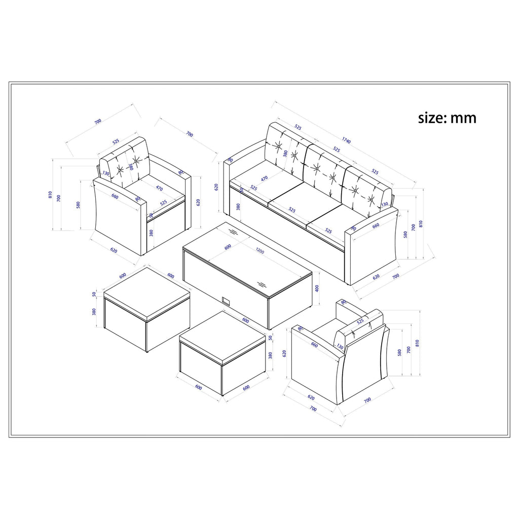 Ensemble de salle à manger d'extérieur en rotin synthétique 6 pièces avec table basse, canapés en osier, poufs et coussins amovibles