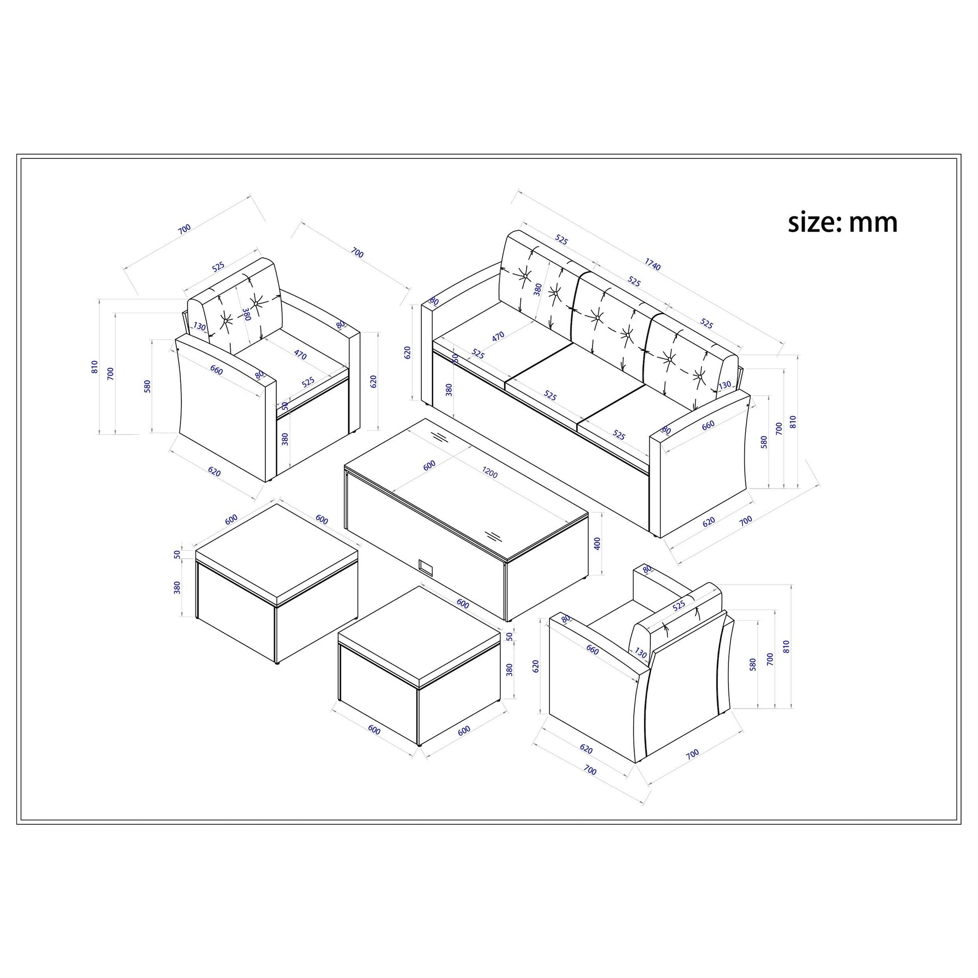 Ensemble de salle à manger d'extérieur en rotin synthétique 6 pièces avec table basse, canapés en osier, poufs et coussins amovibles